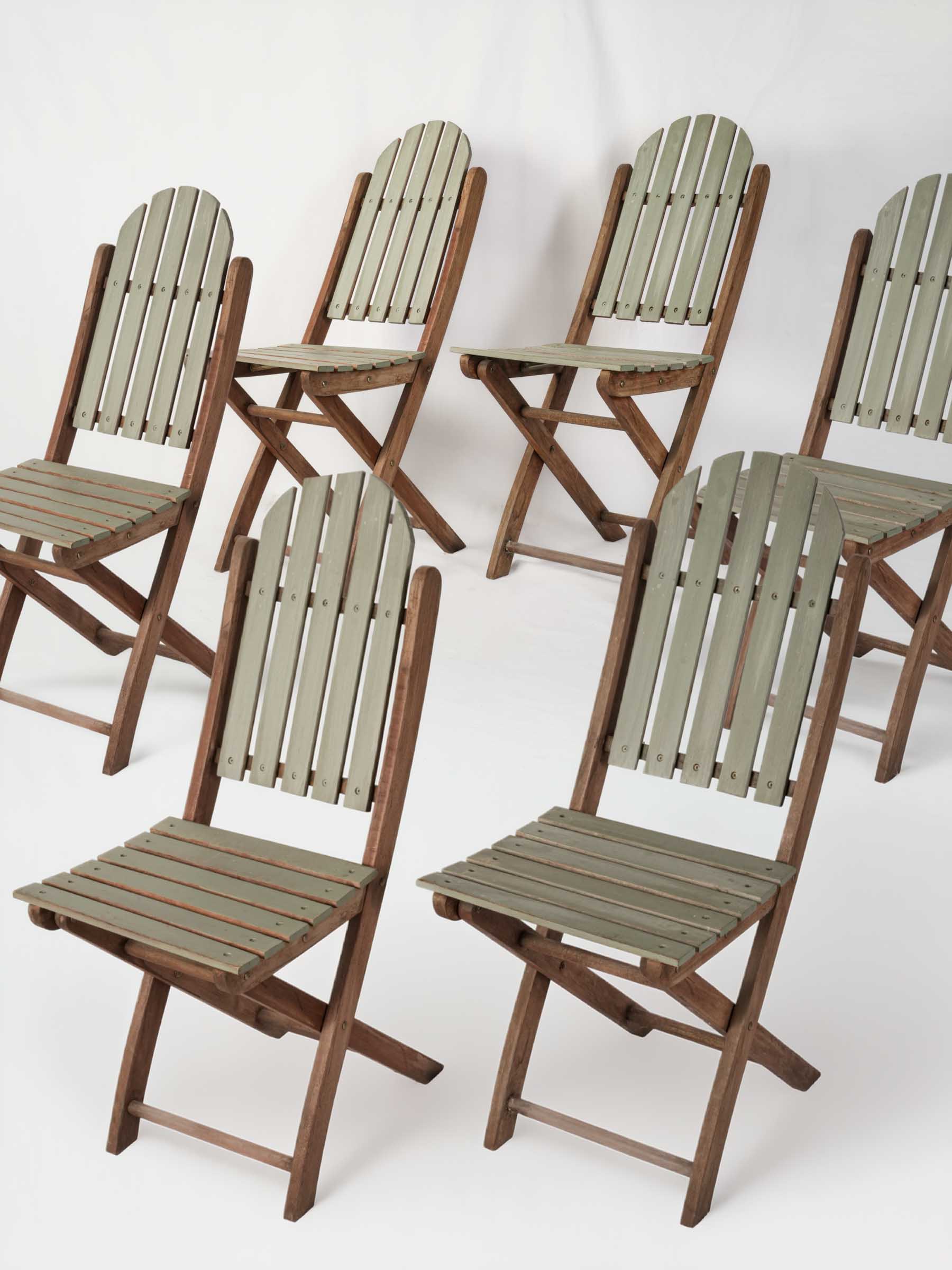 Set of Six Folding Teak Garden Chairs w/ Sage Green Finish