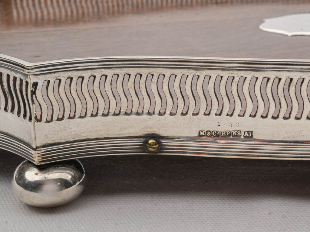Rich-color mahogany and silver tray  