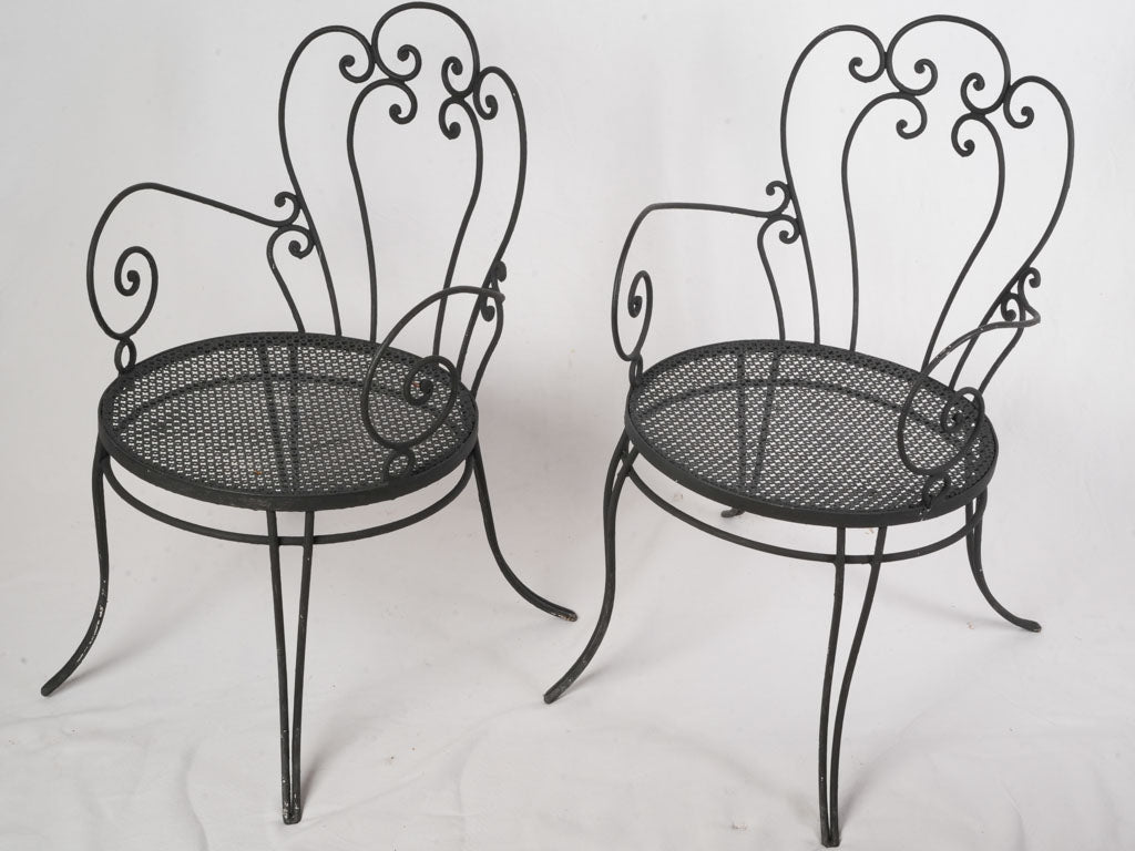 Pair of 1950s–60s Black-Painted Wrought-Iron Garden Armchairs - 33½"