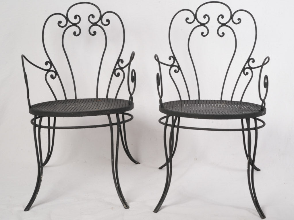 Pair of 1950s–60s Black-Painted Wrought-Iron Garden Armchairs - 33½"