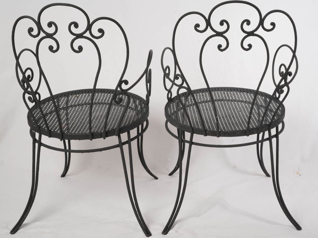 Pair of 1950s–60s Black-Painted Wrought-Iron Garden Armchairs - 33½"