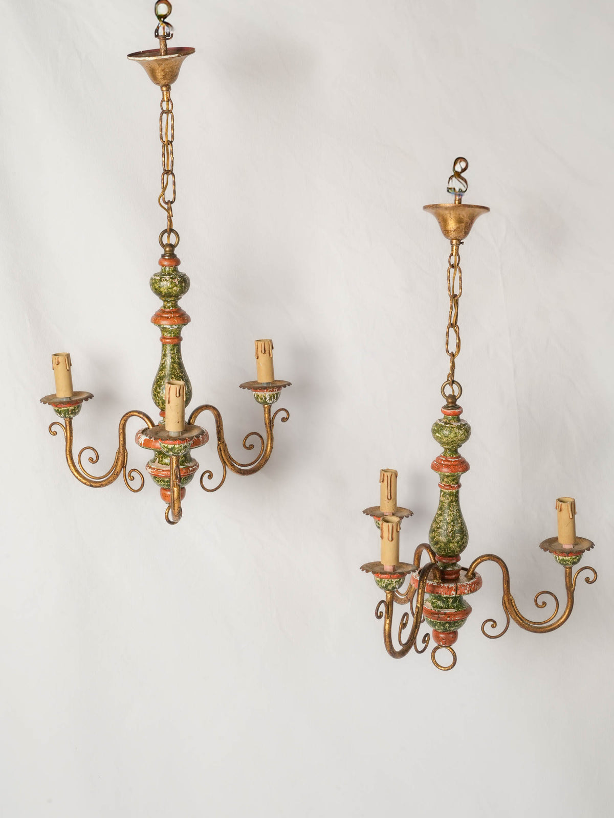 Pair of 1970s Florentine Painted Three-Light Chandeliers - 26" x 15"