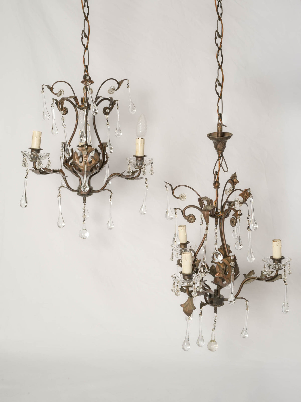 Pair of Small Mid-20th-Century Italian Cut-Metal Chandeliers w/ Crystal Drops - 28¾" x 15¼"