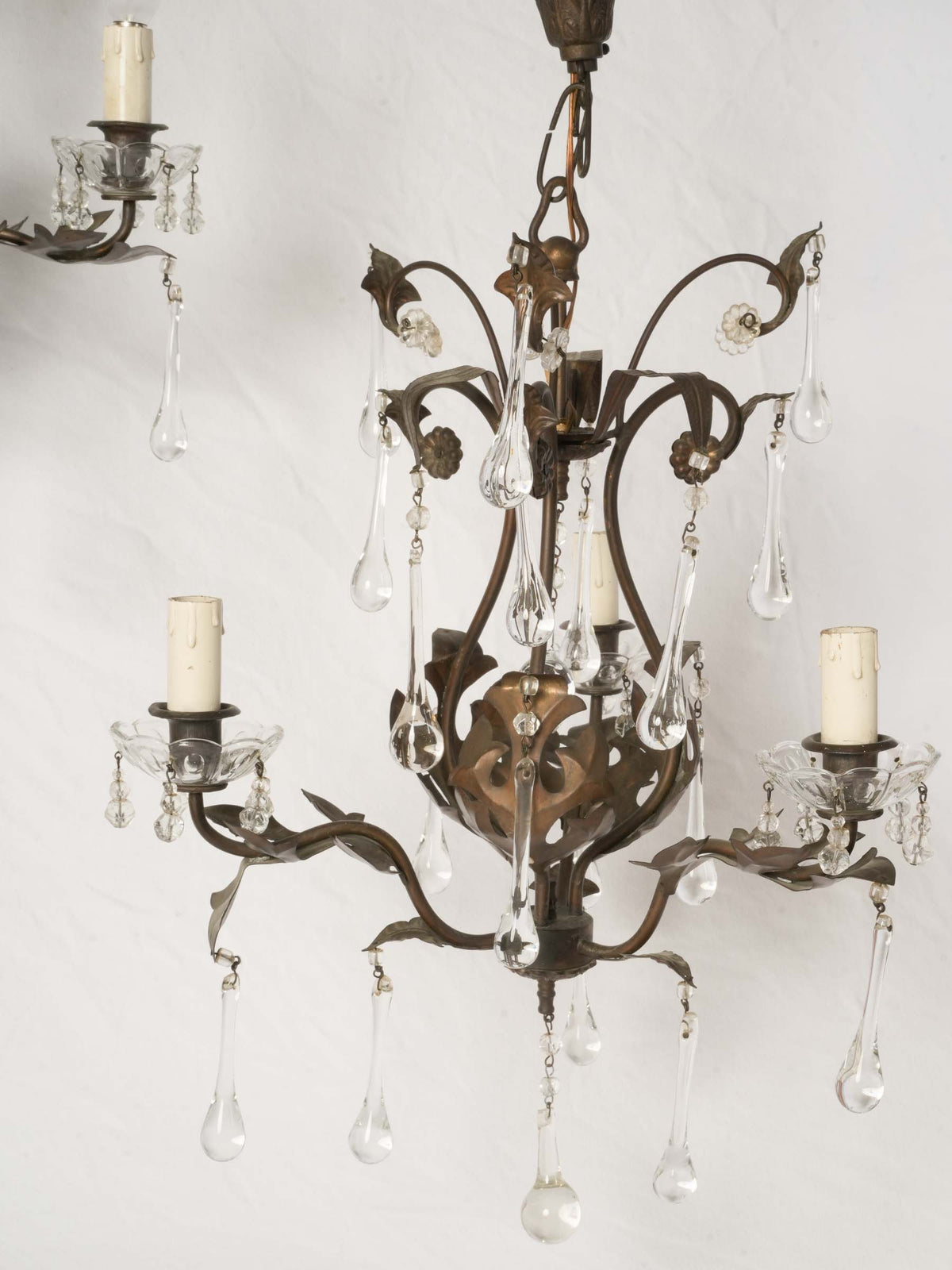 Pair of Small Mid-20th-Century Italian Cut-Metal Chandeliers w/ Crystal Drops - 28¾" x 15¼"