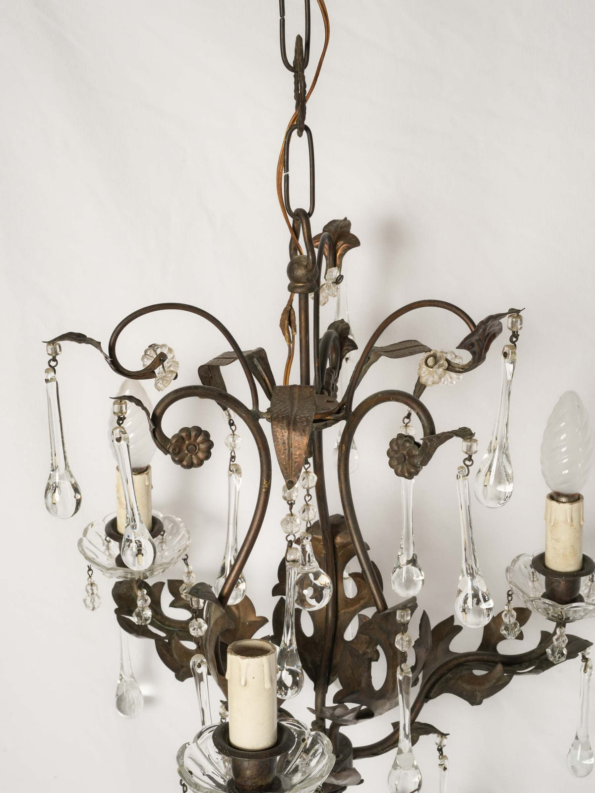 Pair of Small Mid-20th-Century Italian Cut-Metal Chandeliers w/ Crystal Drops - 28¾" x 15¼"