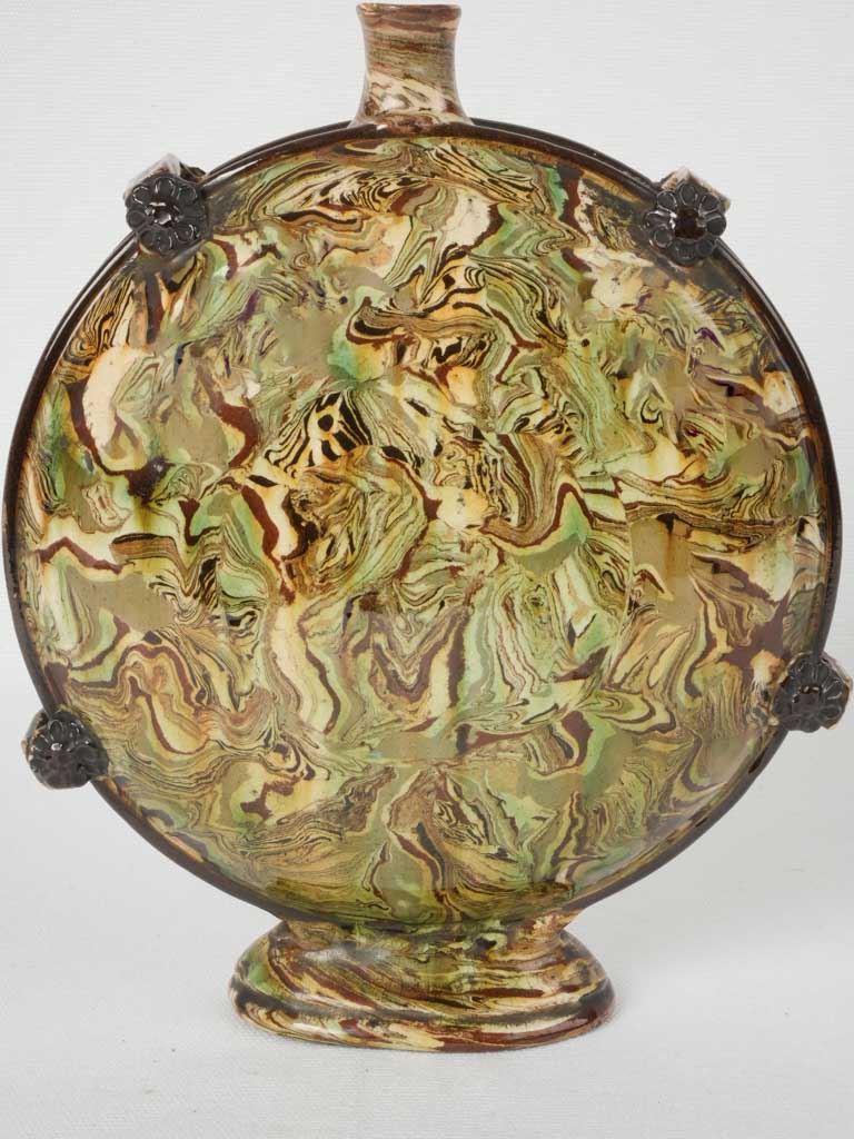 Antique green and yellow swirl glazed pilgrim bottle