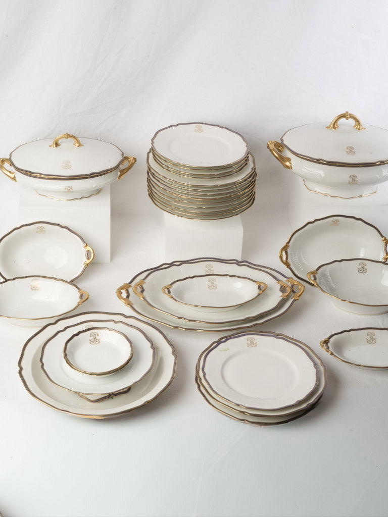 Circa 1900 Complete Limoges Monogrammed Porcelain Dinner Service for 6