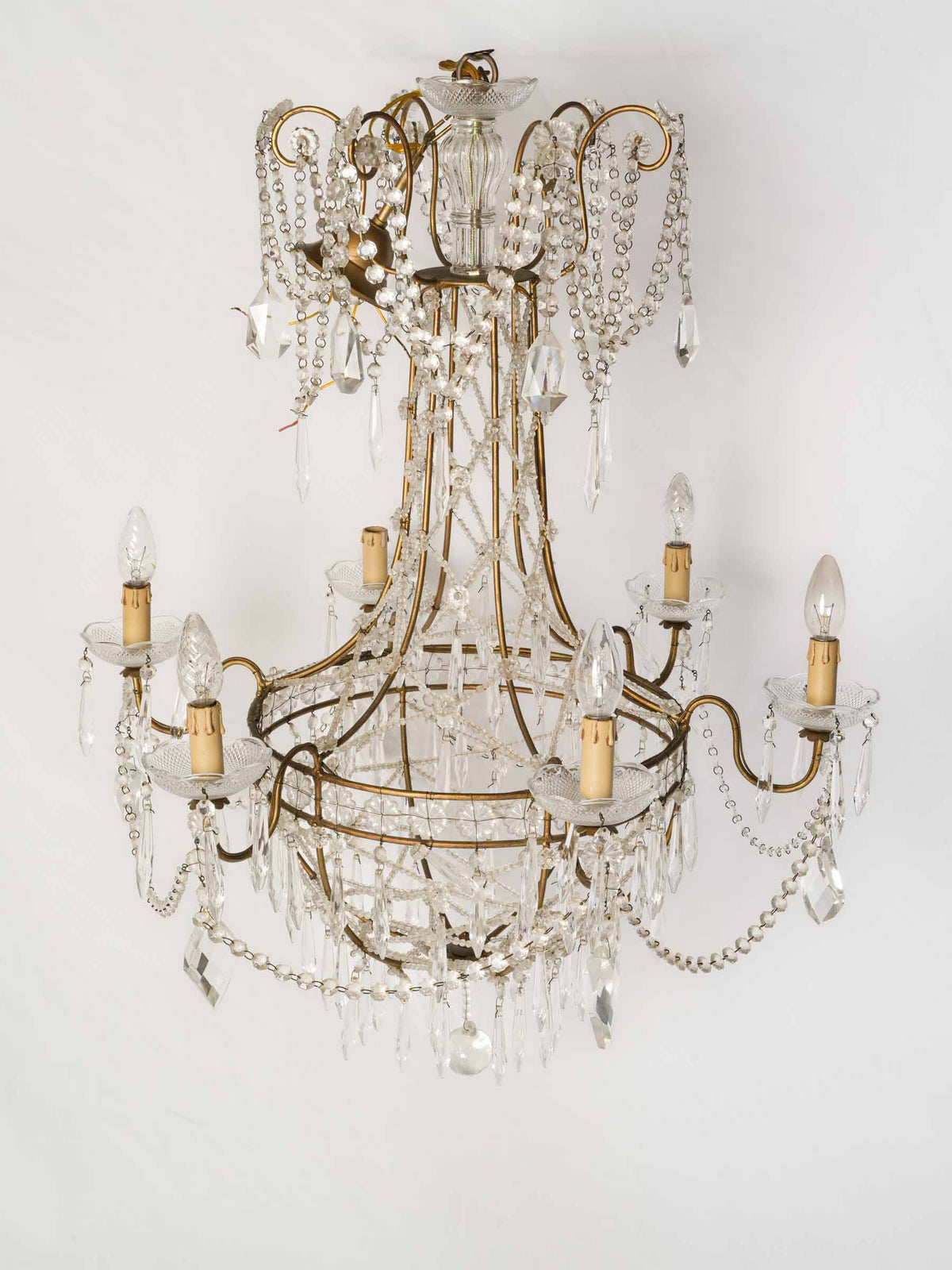 1950s Italian Balloon-Form Chandelier w/ Lace-Like Glass Bead Trellis - 37"