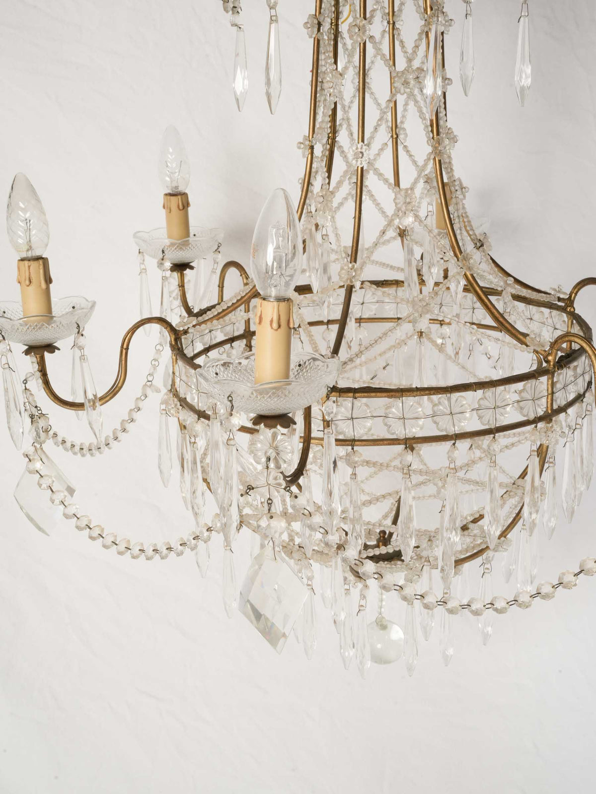 1950s Italian Balloon-Form Chandelier w/ Lace-Like Glass Bead Trellis - 37"