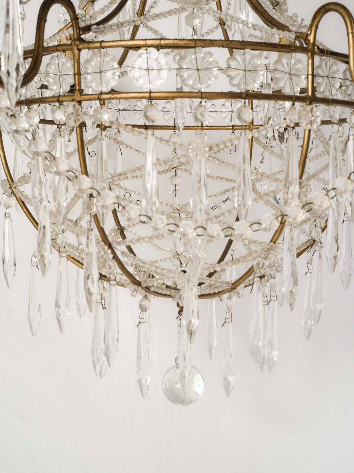 1950s Italian Balloon-Form Chandelier w/ Lace-Like Glass Bead Trellis - 37"