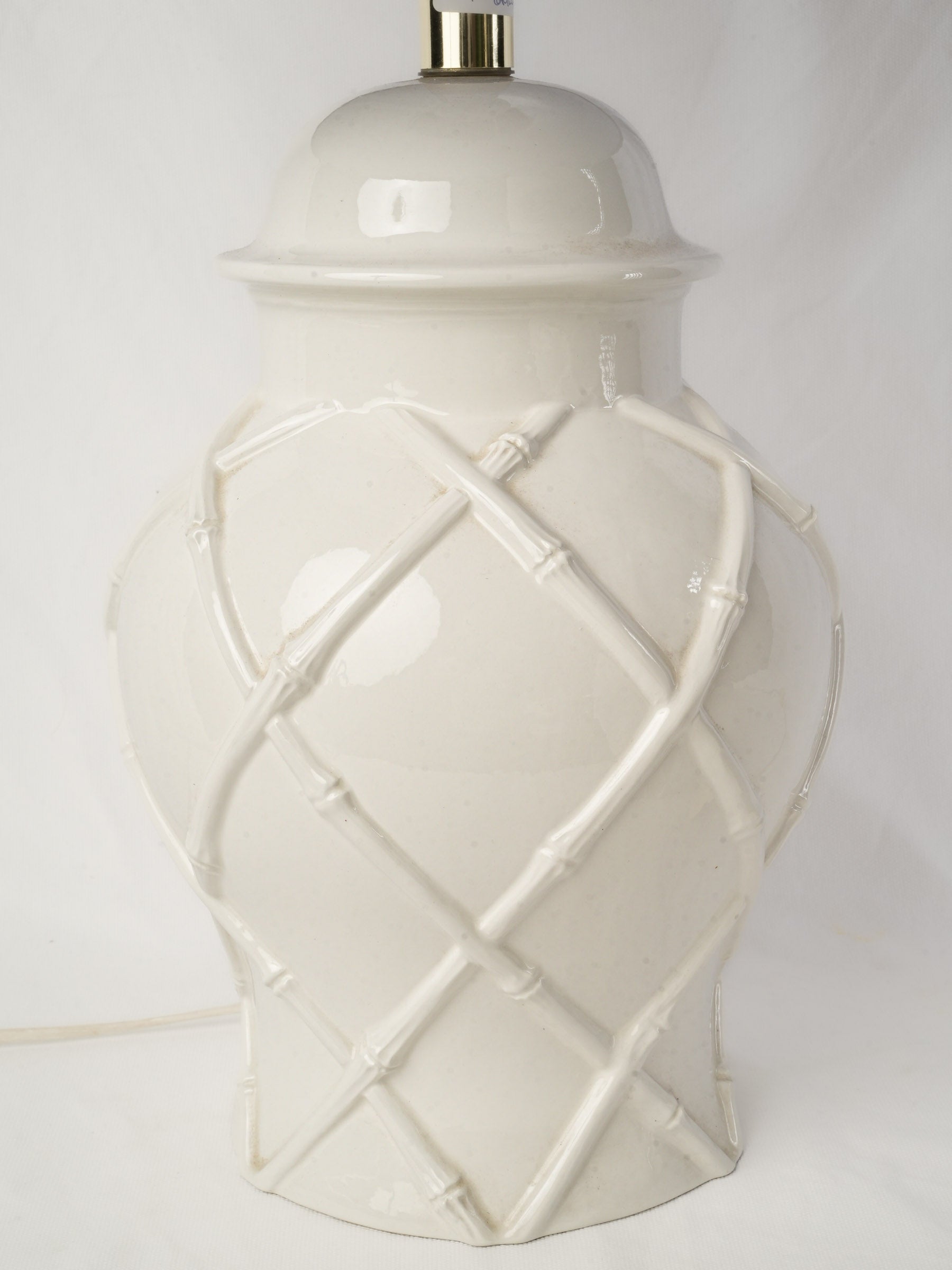 Pair of 1970s White Porcelain Table Lamps with Bamboo Lattice Motif - 25½"