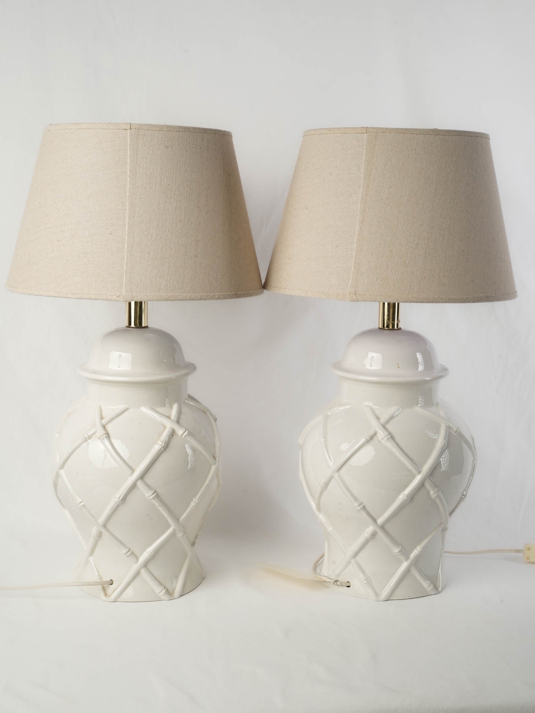 Pair of 1970s White Porcelain Table Lamps with Bamboo Lattice Motif - 25½"