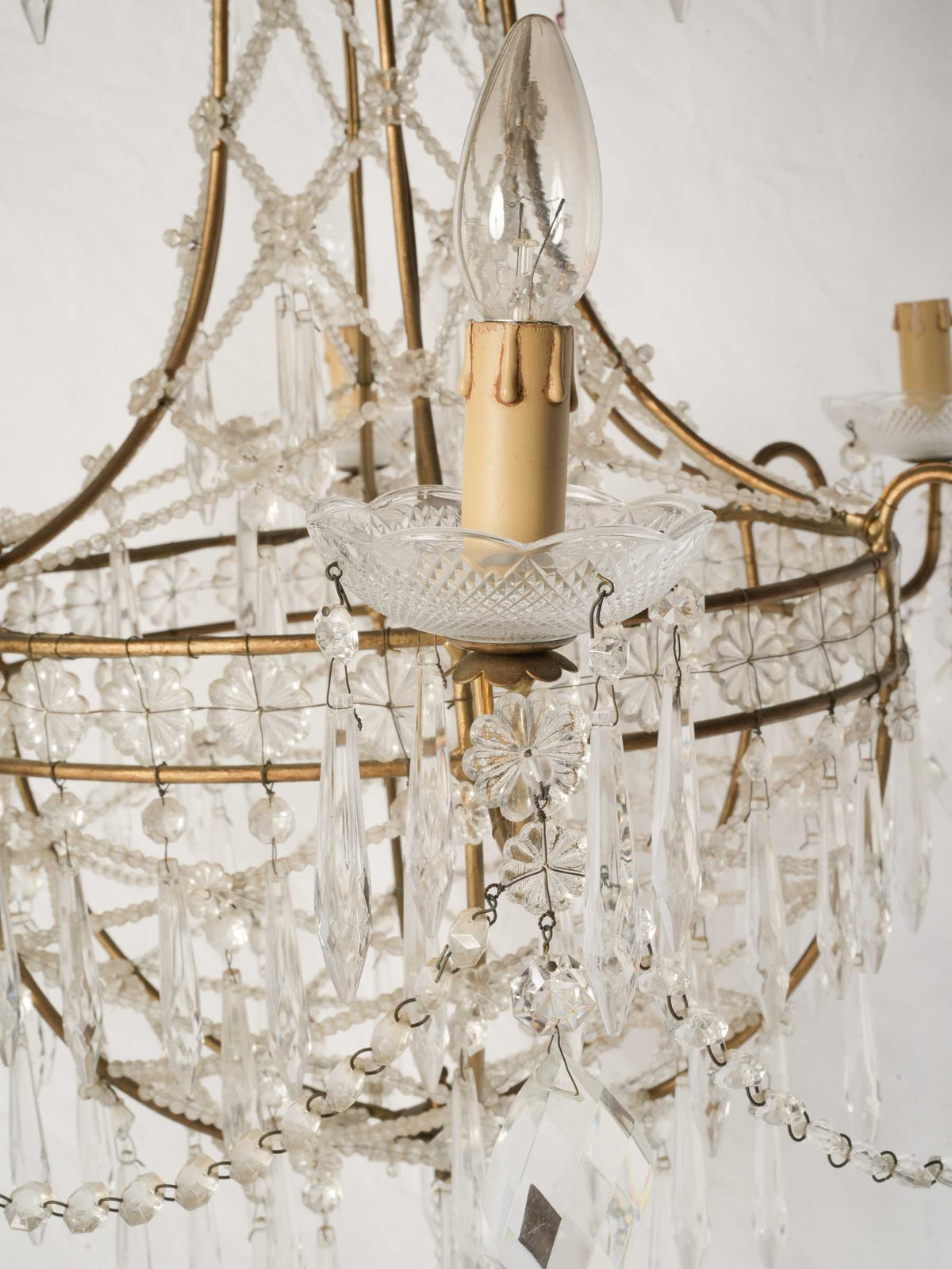 1950s Italian Balloon-Form Chandelier w/ Lace-Like Glass Bead Trellis - 37"