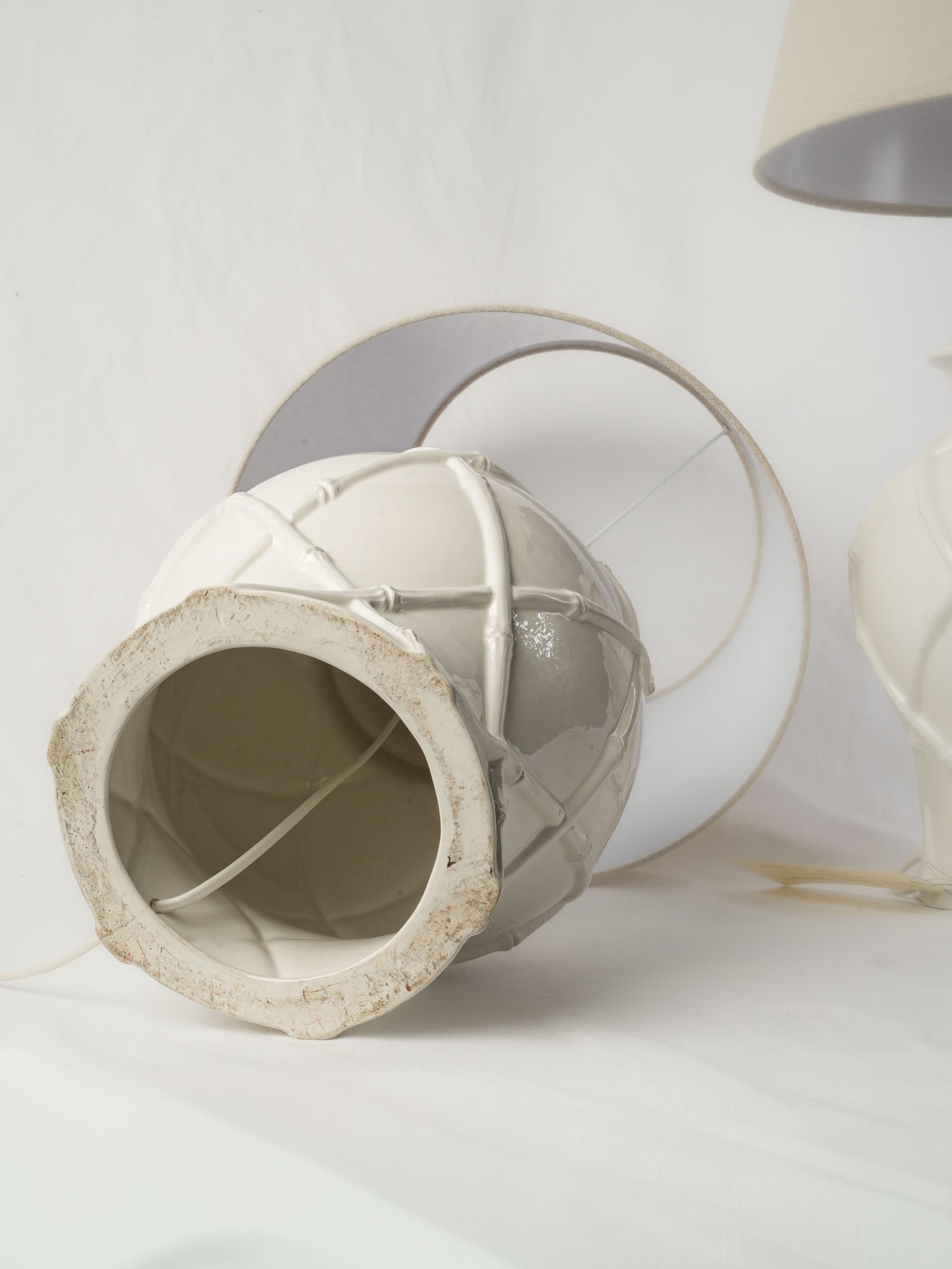 Pair of 1970s White Porcelain Table Lamps with Bamboo Lattice Motif - 25½"