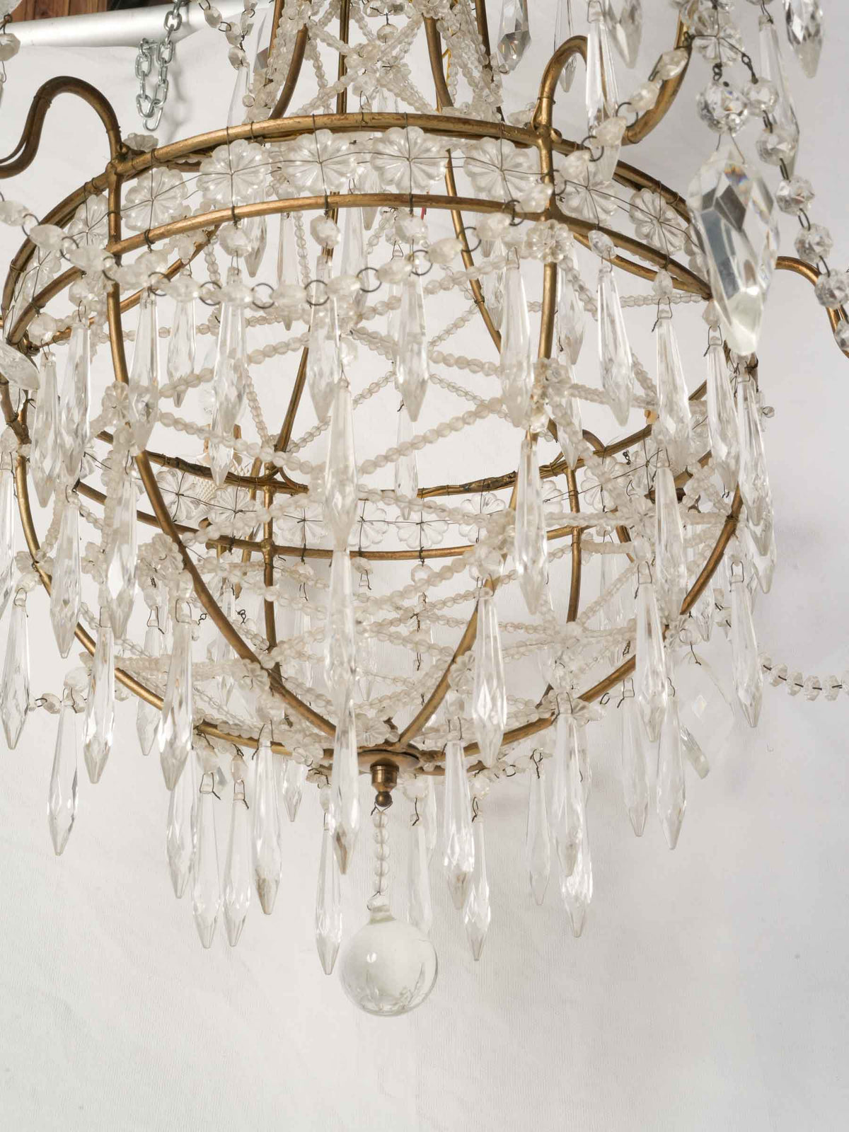 1950s Italian Balloon-Form Chandelier w/ Lace-Like Glass Bead Trellis - 37"