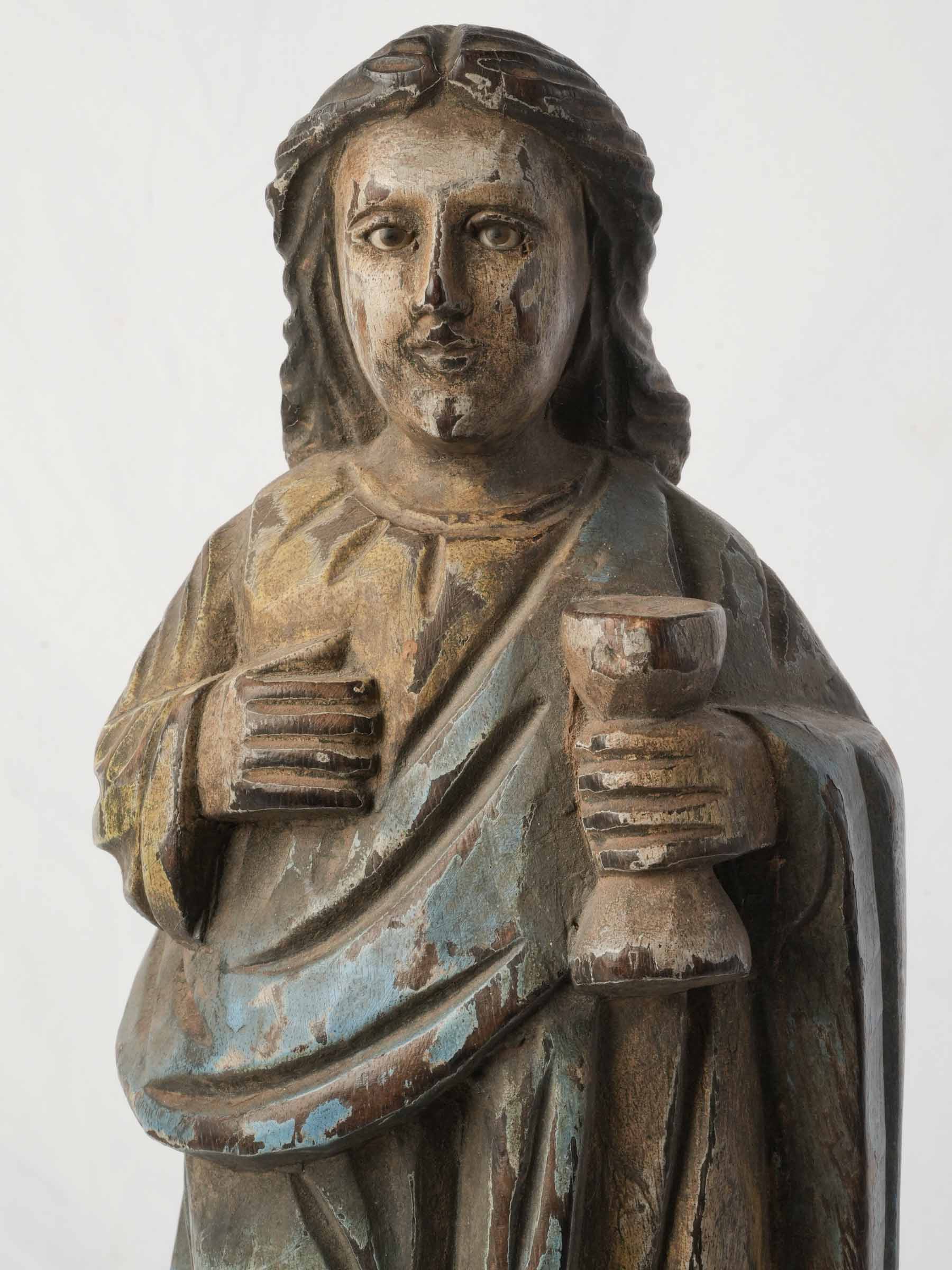 Antique Carved Polychrome Wooden Saint Figure w/ Inset Glass Eyes - 16½"