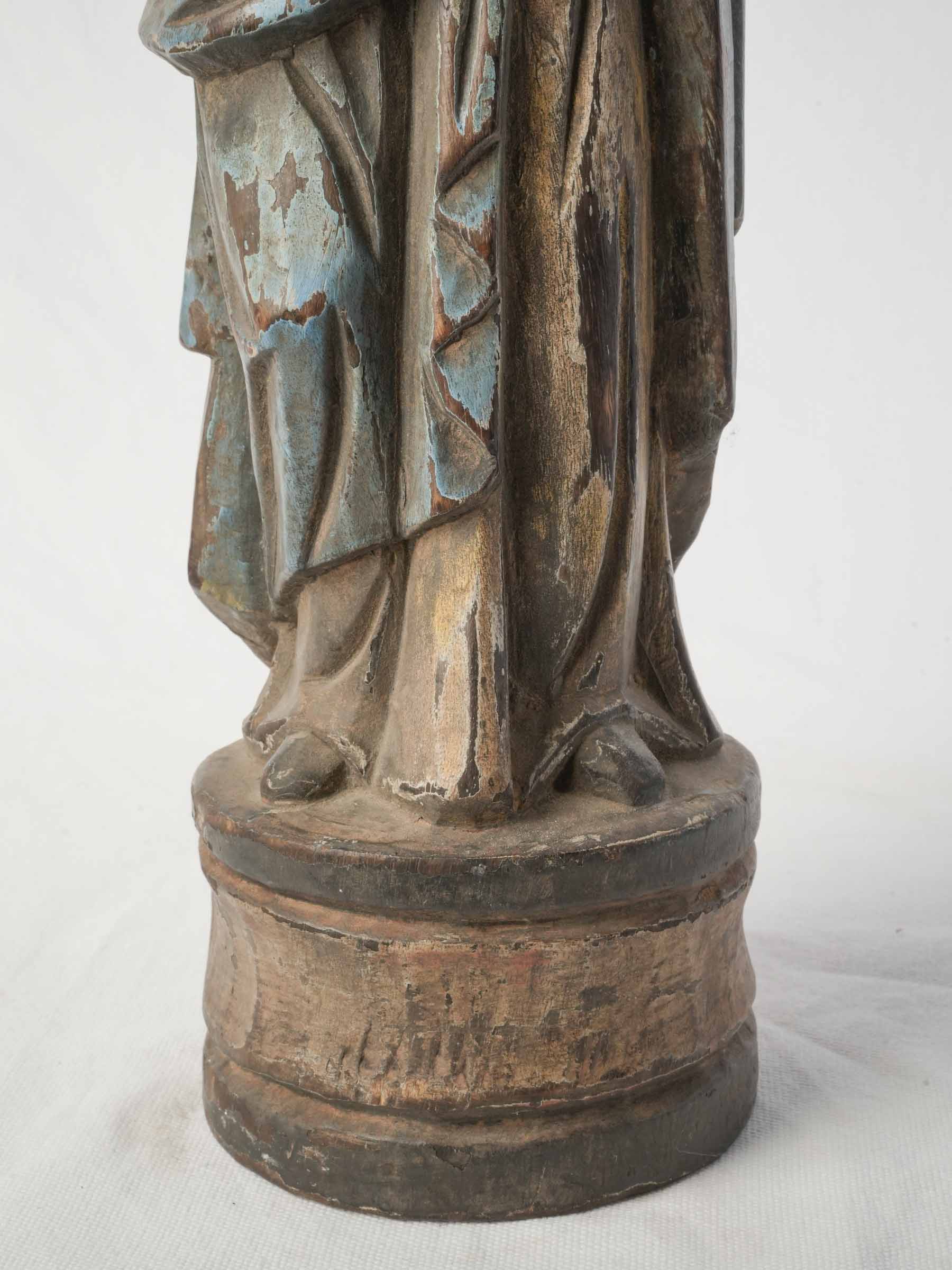 Antique Carved Polychrome Wooden Saint Figure w/ Inset Glass Eyes - 16½"