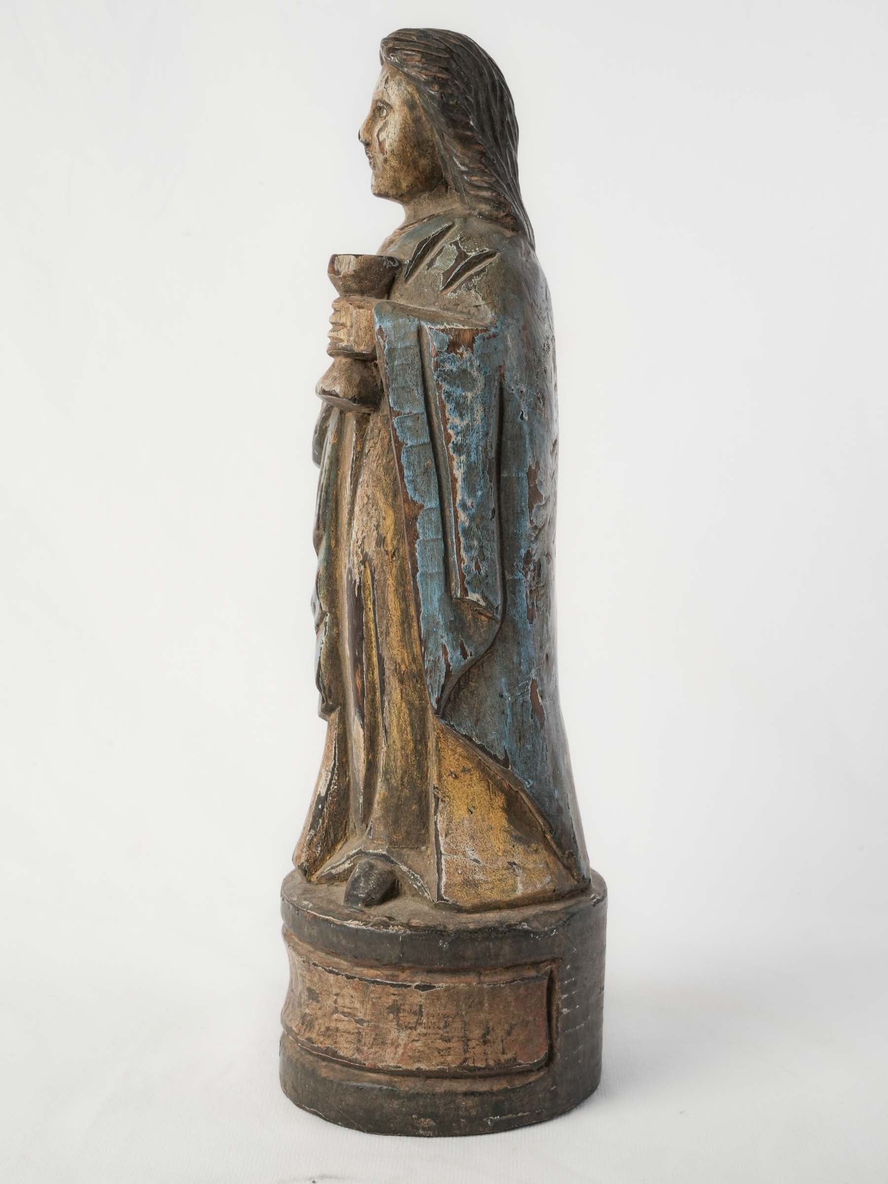 Antique Carved Polychrome Wooden Saint Figure w/ Inset Glass Eyes - 16½"