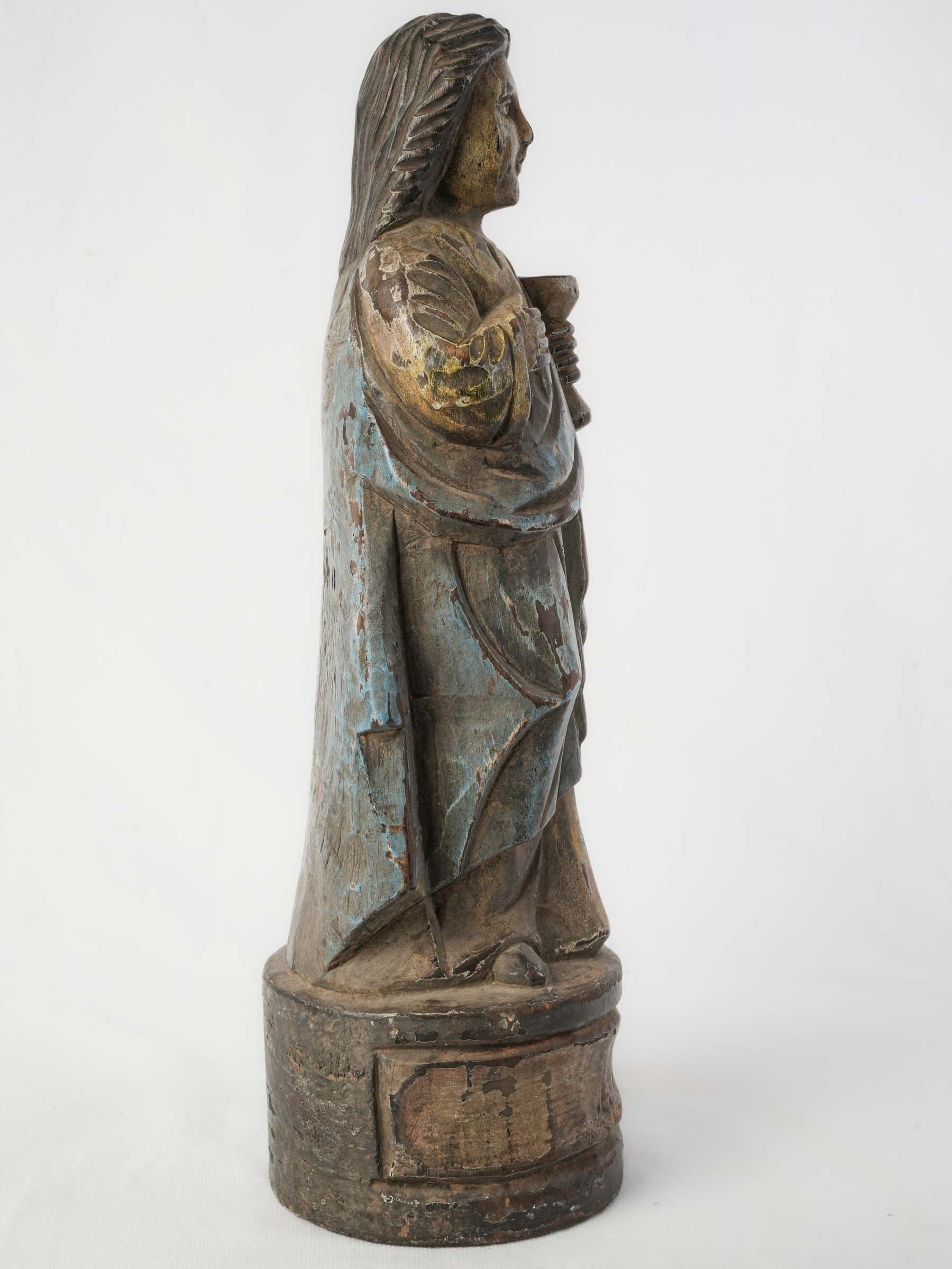 Antique Carved Polychrome Wooden Saint Figure w/ Inset Glass Eyes - 16½"