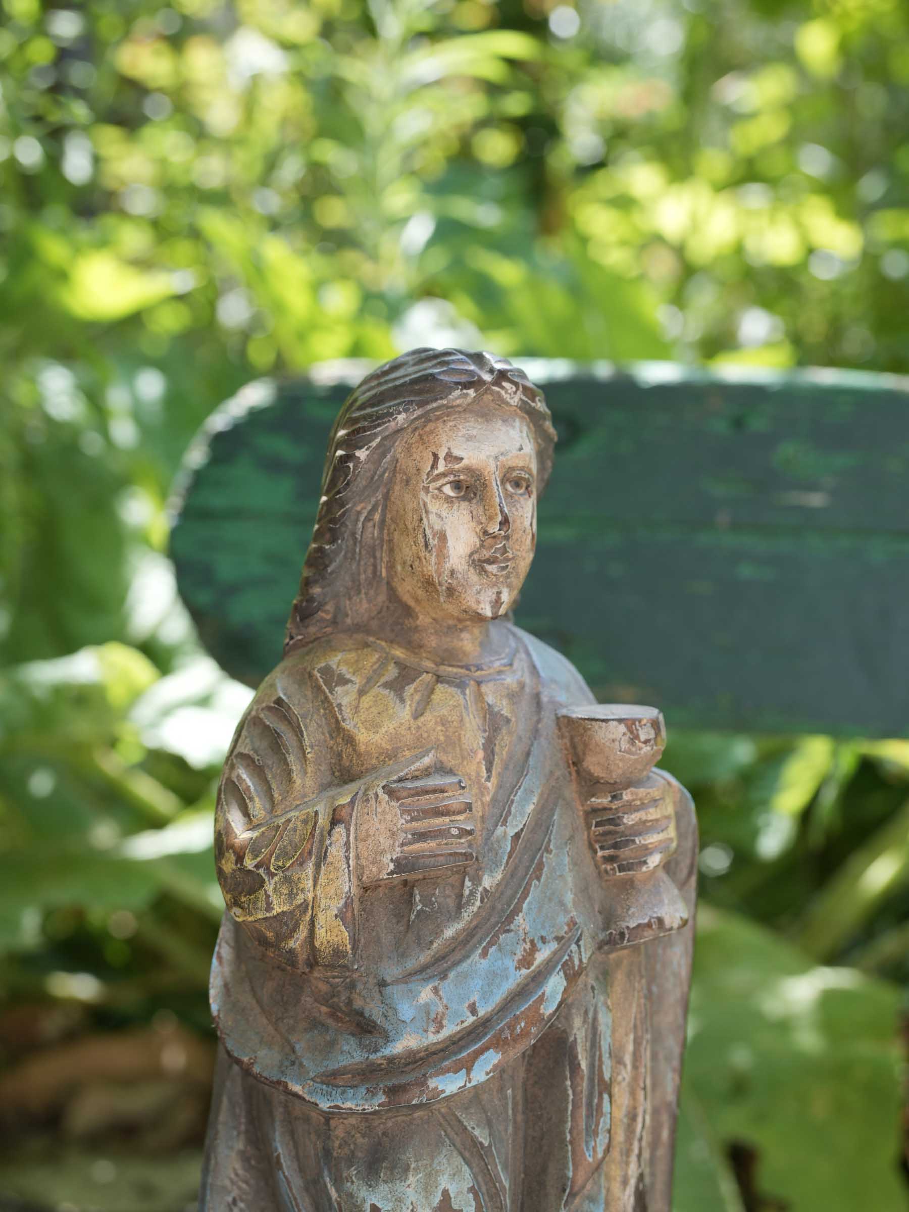 Antique Carved Polychrome Wooden Saint Figure w/ Inset Glass Eyes - 16½"