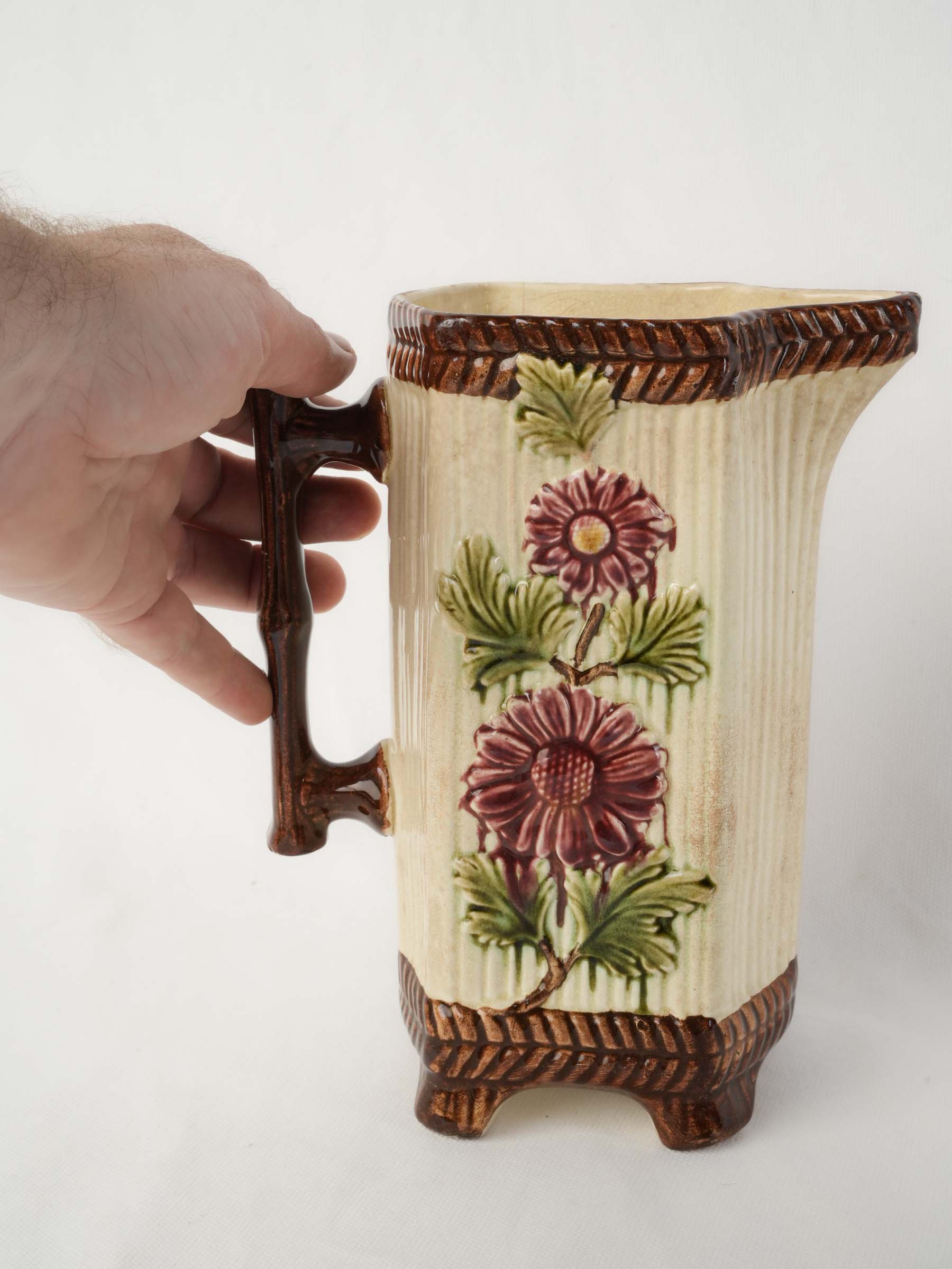 French Art Nouveau Majolica Pitcher w/ Floral Relief, c. 1900 - 8¾"