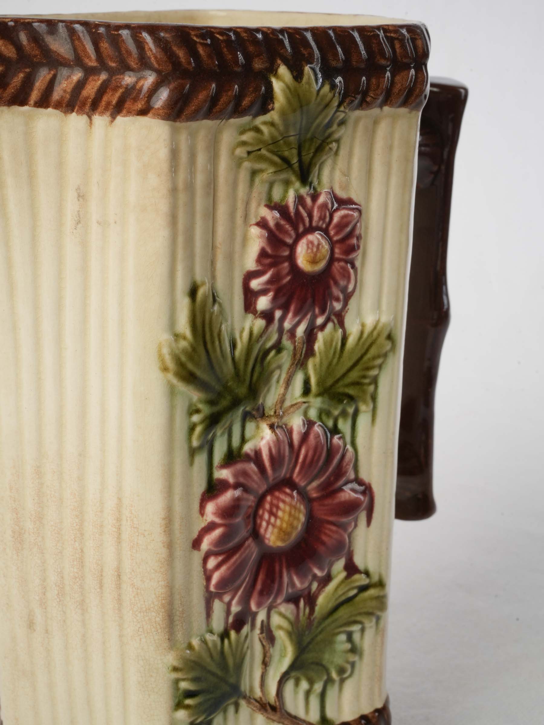 French Art Nouveau Majolica Pitcher w/ Floral Relief, c. 1900 - 8¾"