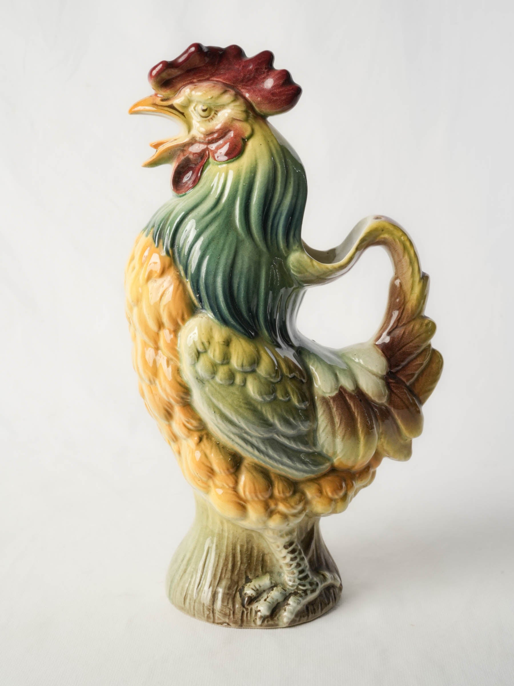 Striking French Saint-Clément Majolica Rooster-Form Pitcher, Early 20th Century - 15"