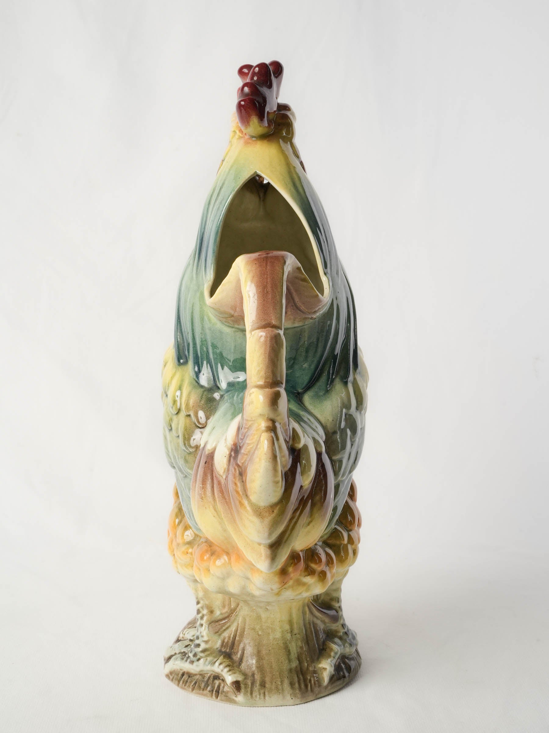 Striking French Saint-Clément Majolica Rooster-Form Pitcher, Early 20th Century - 15"