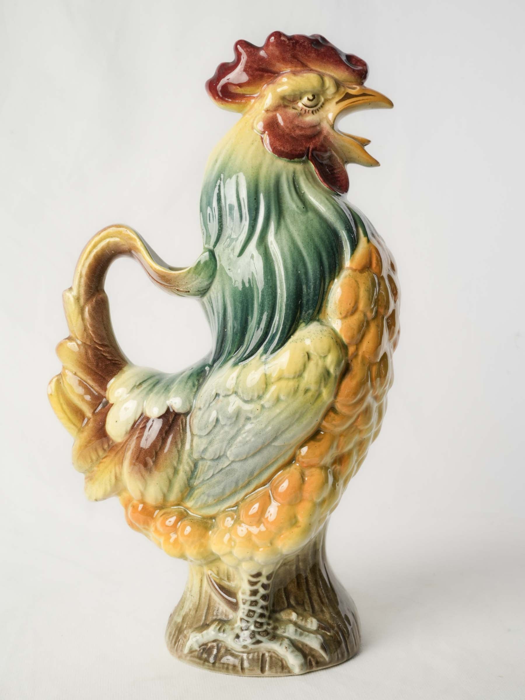 Striking French Saint-Clément Majolica Rooster-Form Pitcher, Early 20th Century - 15"
