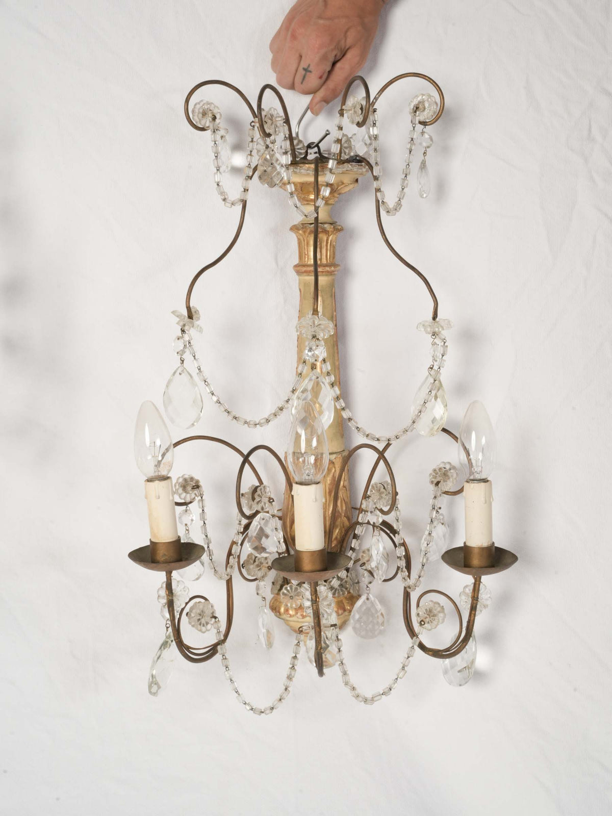 Pair of Large Genoese Giltwood and Cut-Glass Three-Light Sconces, Circa 1900 - 22½" x 14½"