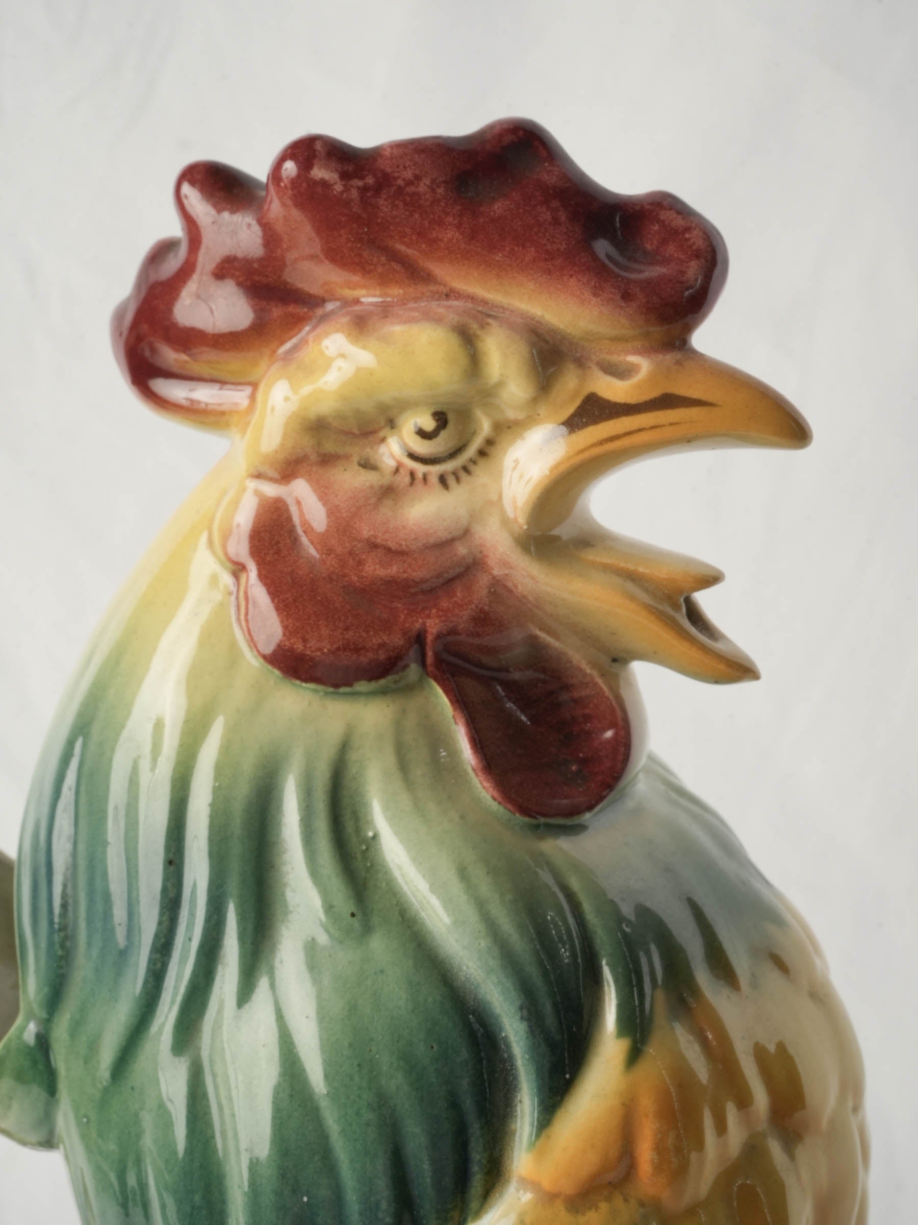 Striking French Saint-Clément Majolica Rooster-Form Pitcher, Early 20th Century - 15"