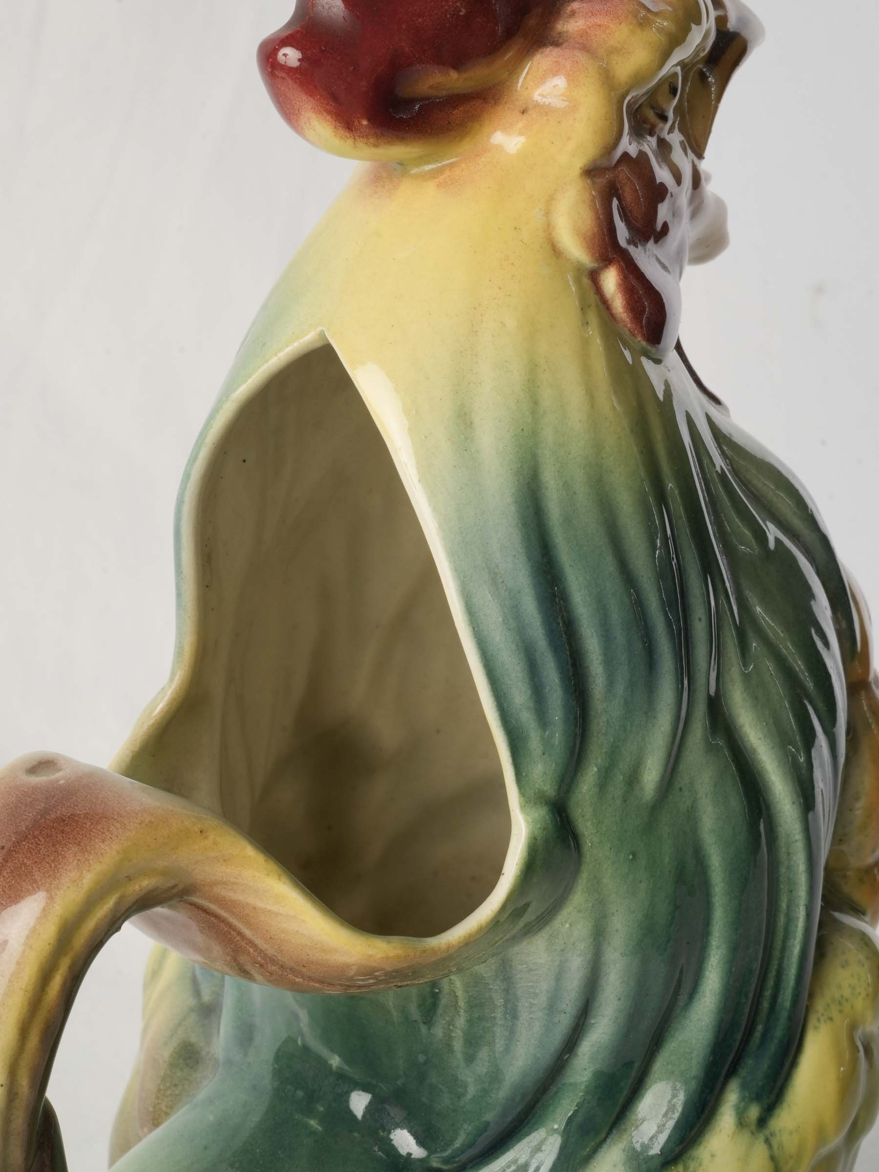 Striking French Saint-Clément Majolica Rooster-Form Pitcher, Early 20th Century - 15"