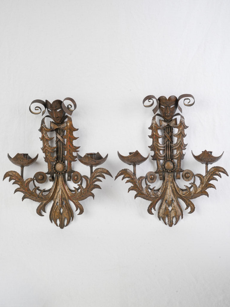 Pair of Mid-20th Century Italian-Style Commedia dell’Arte Metal Candle Wall Sconces - 19"