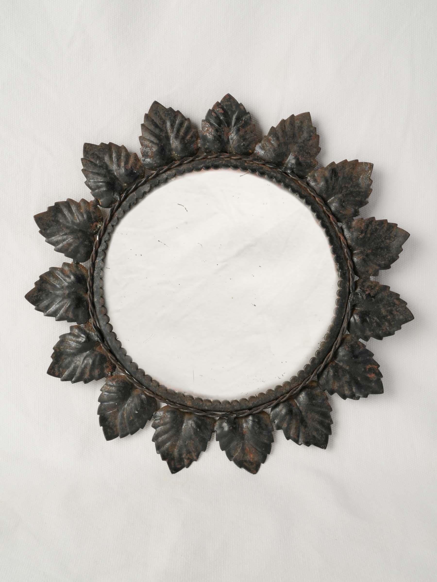Petite French Tole Sunburst Mirror with Black-Painted Leaf Frame, 1950s, 11"