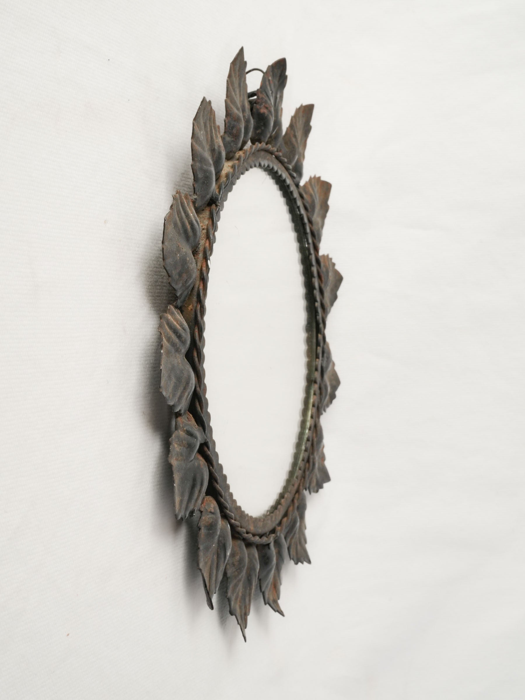 Petite French Tole Sunburst Mirror with Black-Painted Leaf Frame, 1950s, 11"