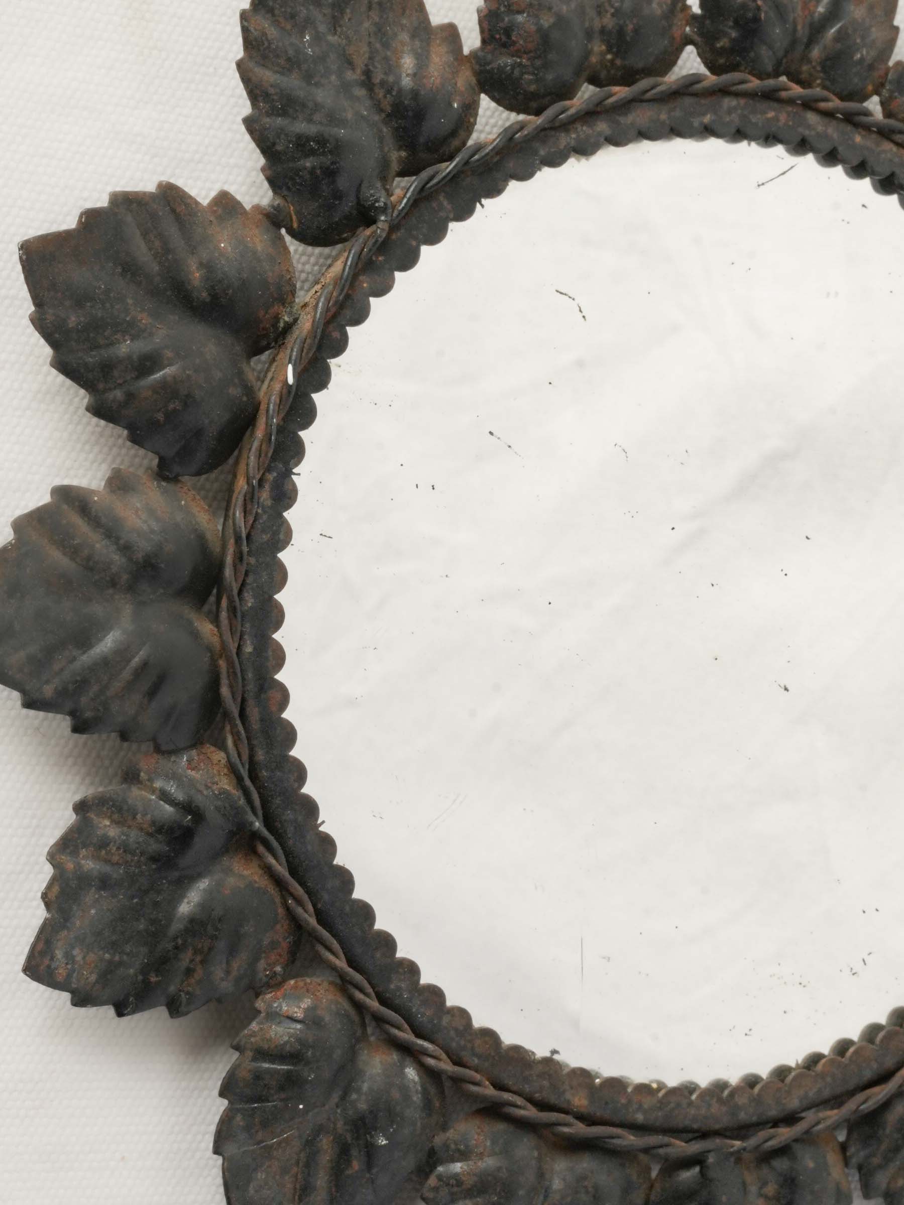 Petite French Tole Sunburst Mirror with Black-Painted Leaf Frame, 1950s, 11"