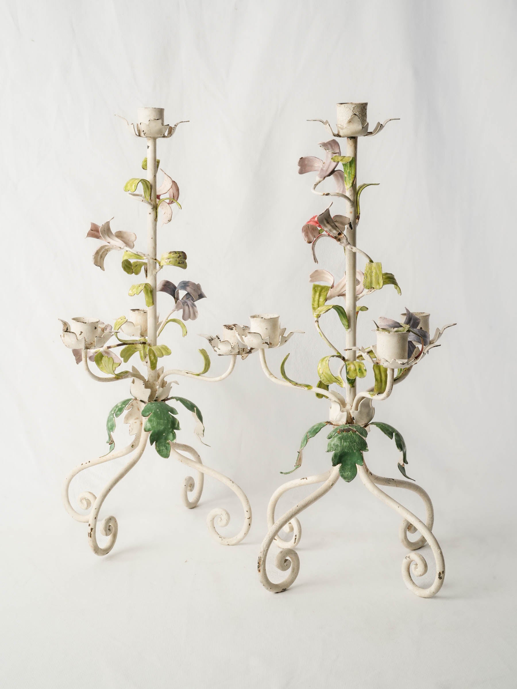 Pair of Romantic Floral Candelabra, French or Italian, c. 1950 - 19"