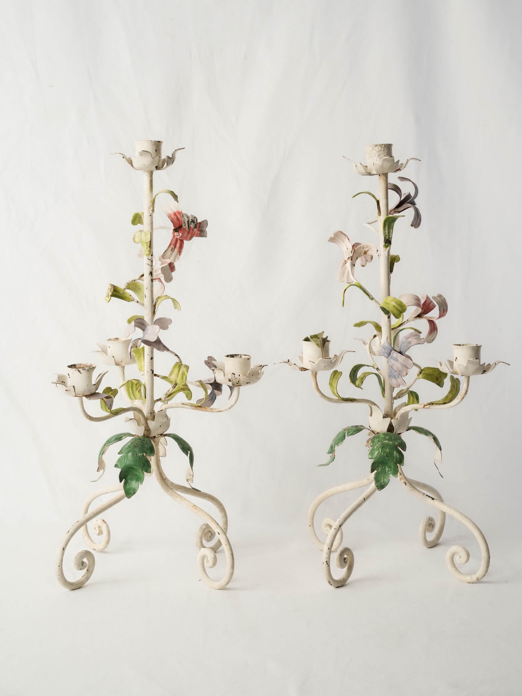 Pair of Romantic Floral Candelabra, French or Italian, c. 1950 - 19"