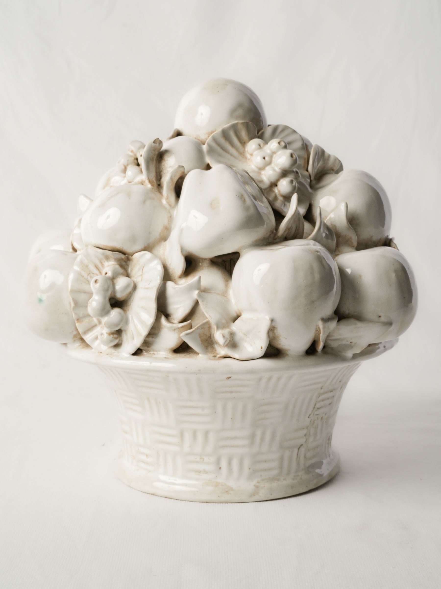 Hand-Modelled Monochrome Glazed Terracotta Fruit Basket Centerpiece, Mid-20th Century - 11½"