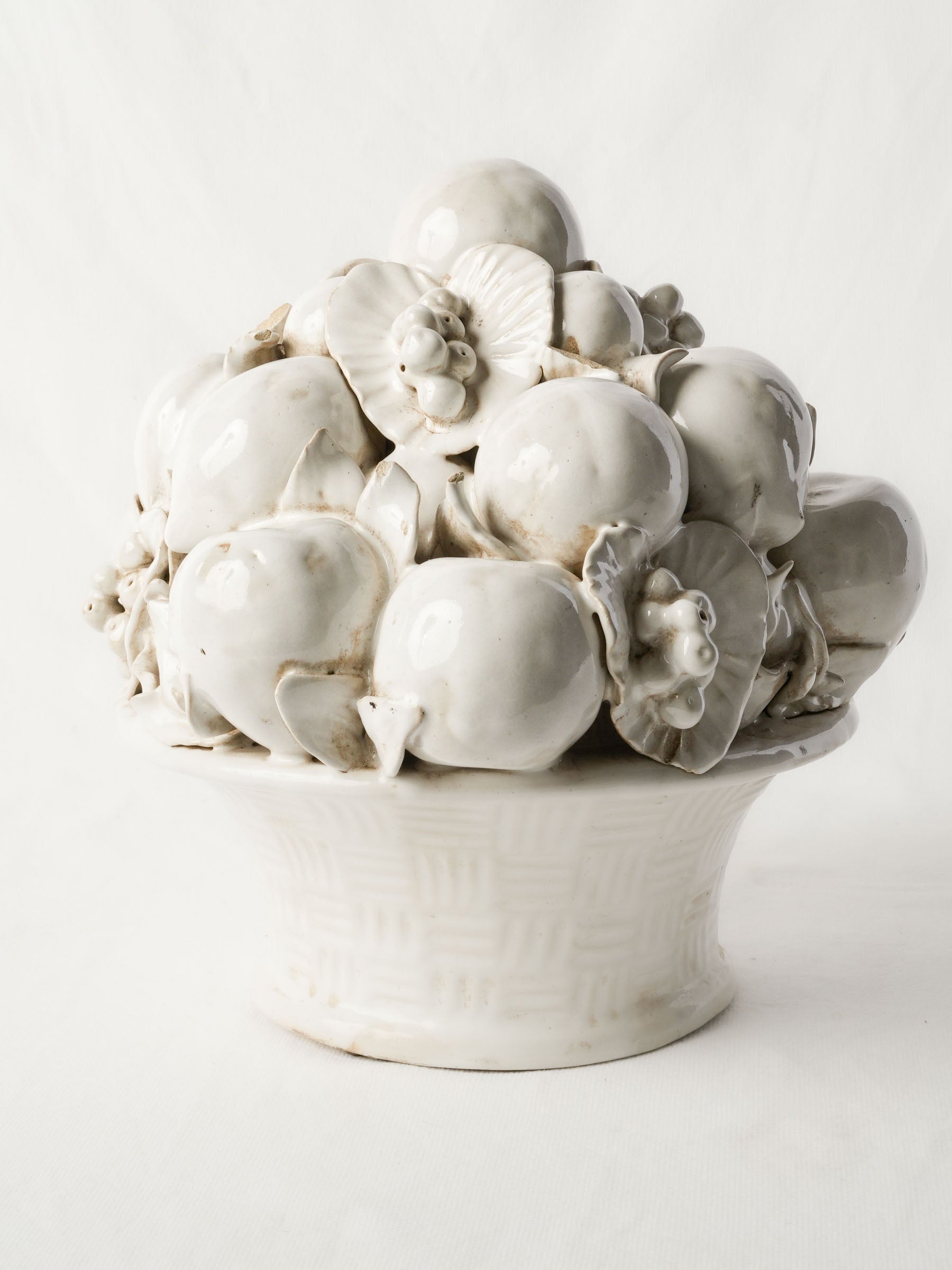 Hand-Modelled Monochrome Glazed Terracotta Fruit Basket Centerpiece, Mid-20th Century - 11½"