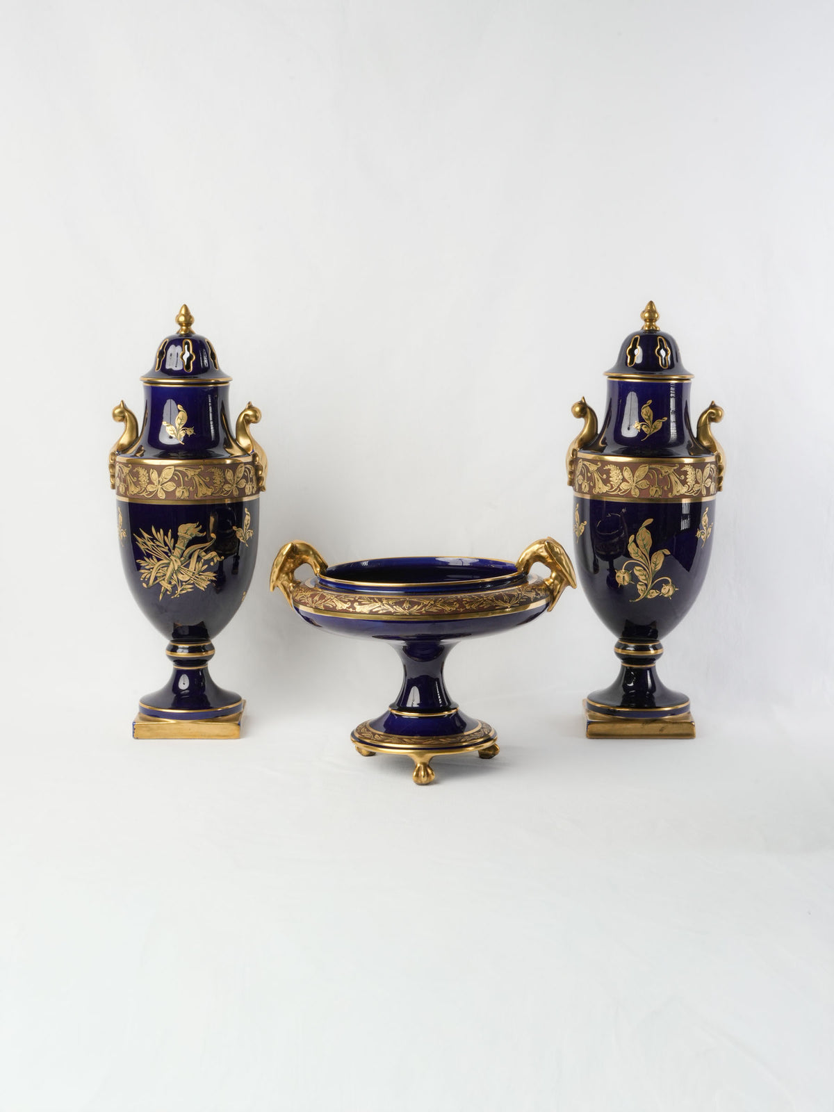Impressive Early 20th-Century Cobalt-Blue and Gilt Ceramic Mantel Garniture, Three Pieces