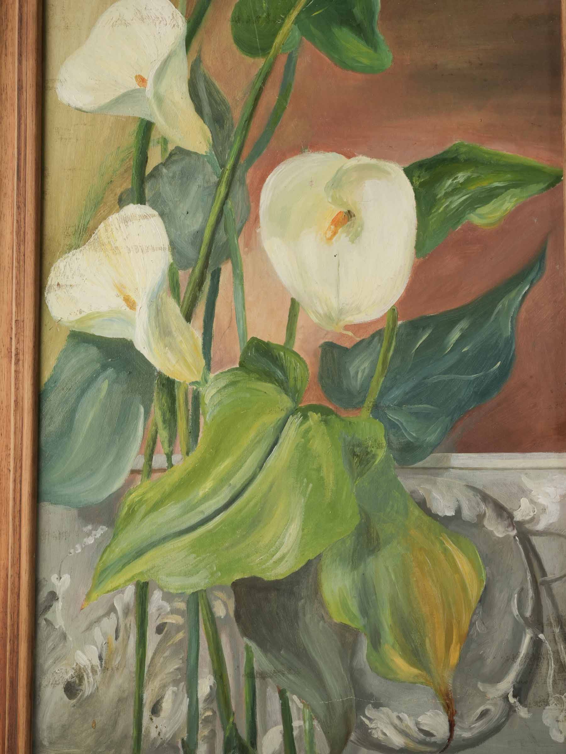 1970s Vertical Oil on Canvas of Calla Lilies in a Natural Wood Frame - 40¼" x 19"