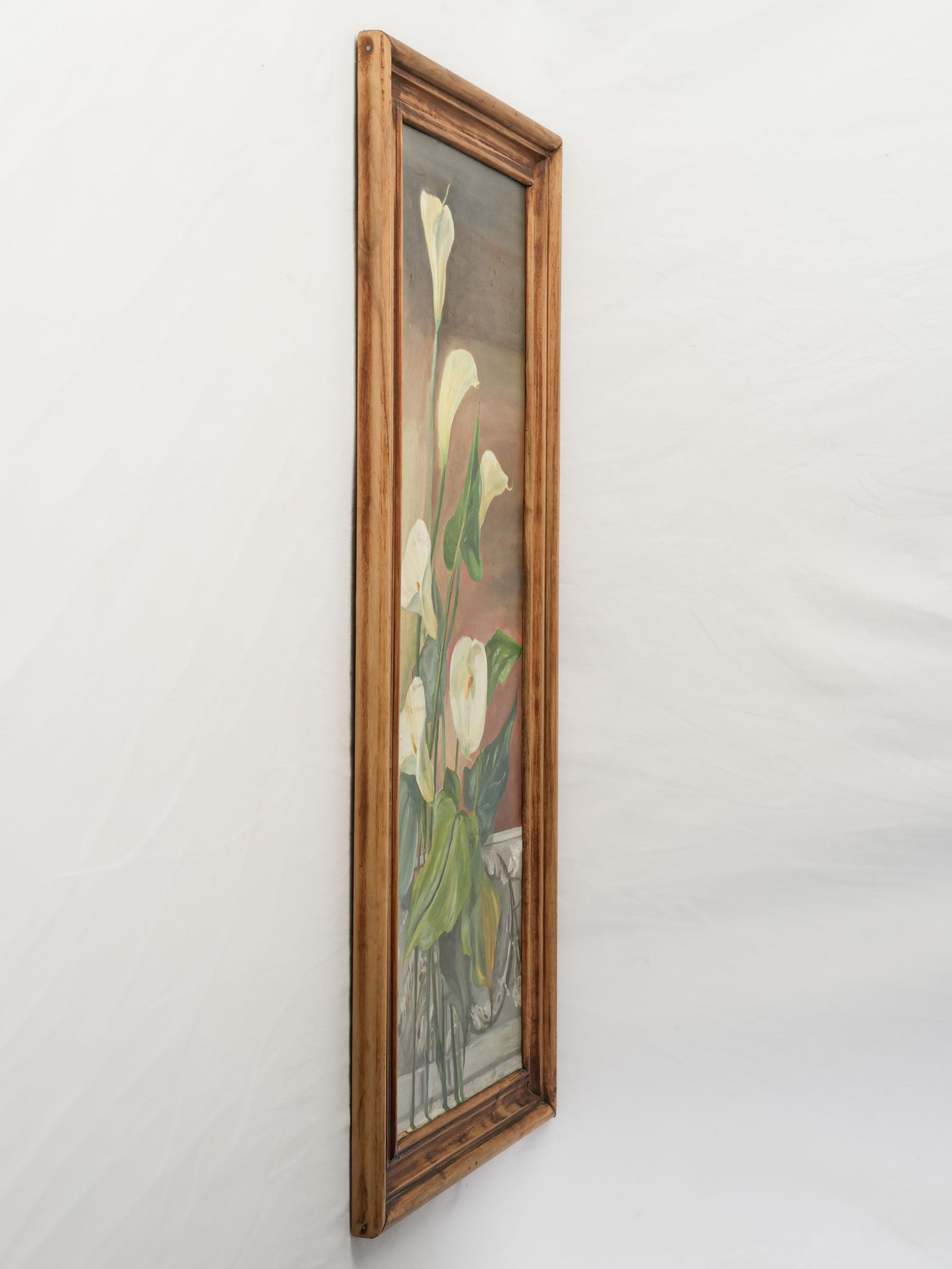 1970s Vertical Oil on Canvas of Calla Lilies in a Natural Wood Frame - 40¼" x 19"