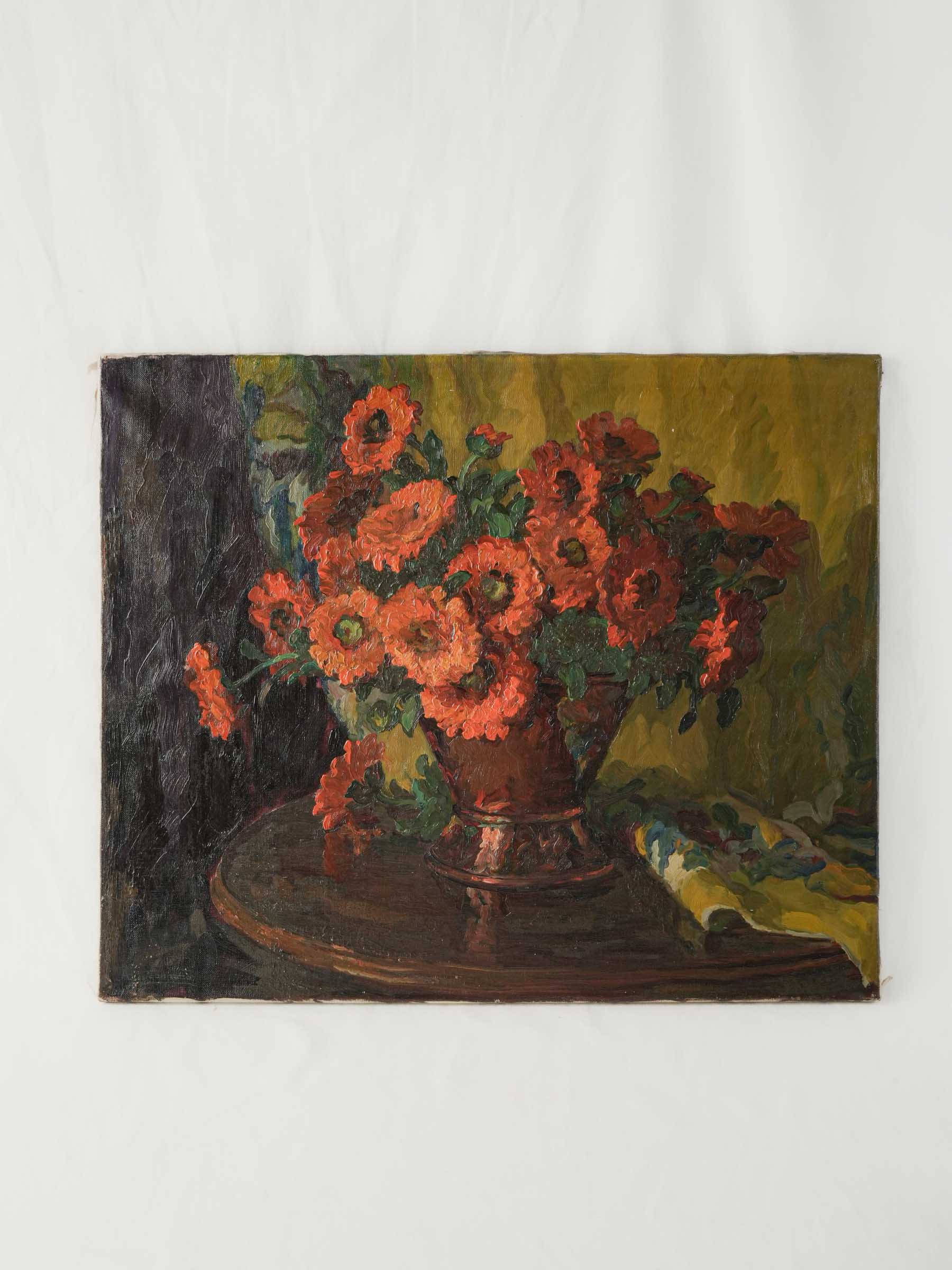 Mid-20th Century Oil on Canvas of Marigolds in a Copper Pot - 21¼" x 25½"