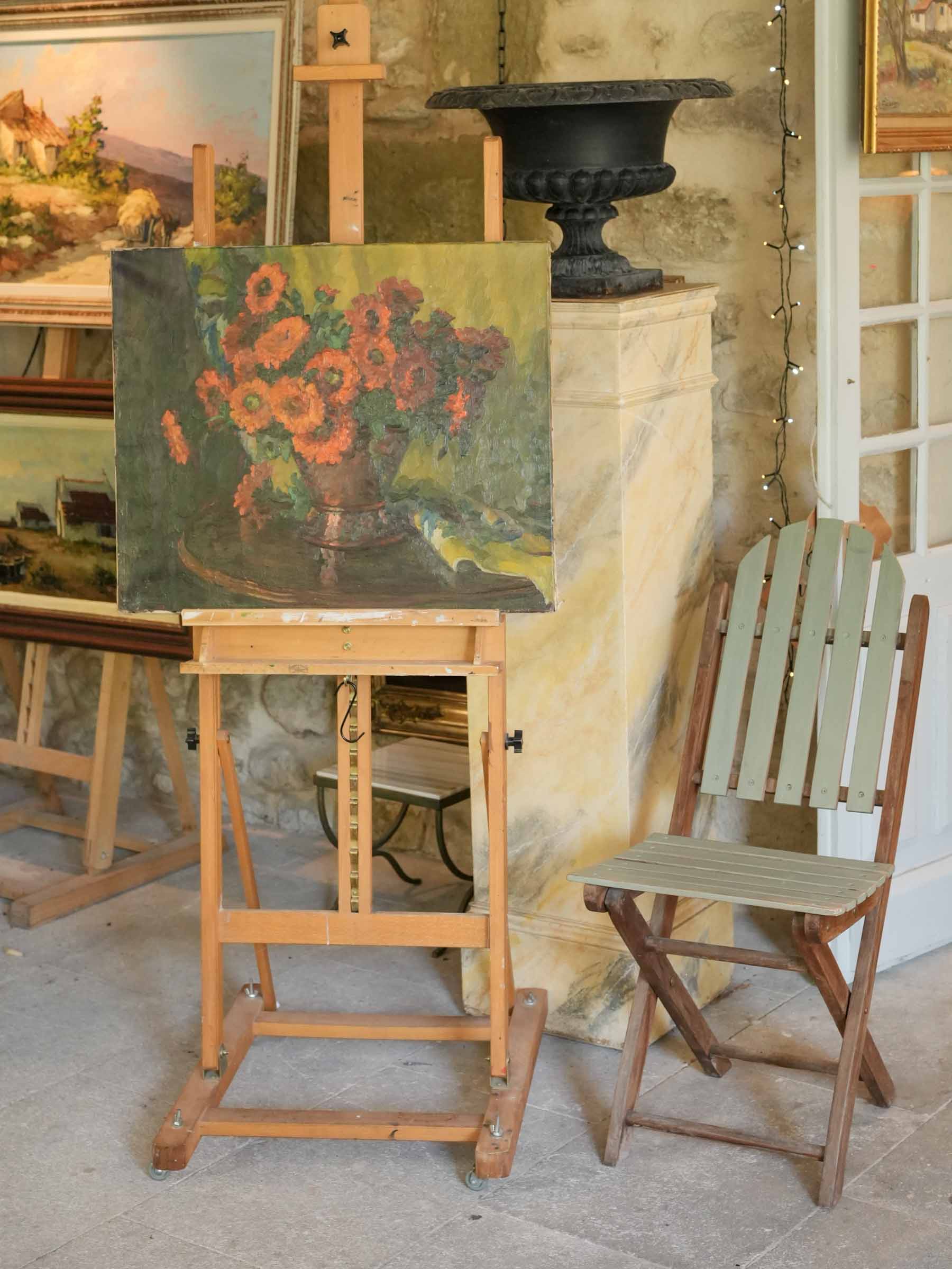 Mid-20th Century Oil on Canvas of Marigolds in a Copper Pot - 21¼" x 25½"