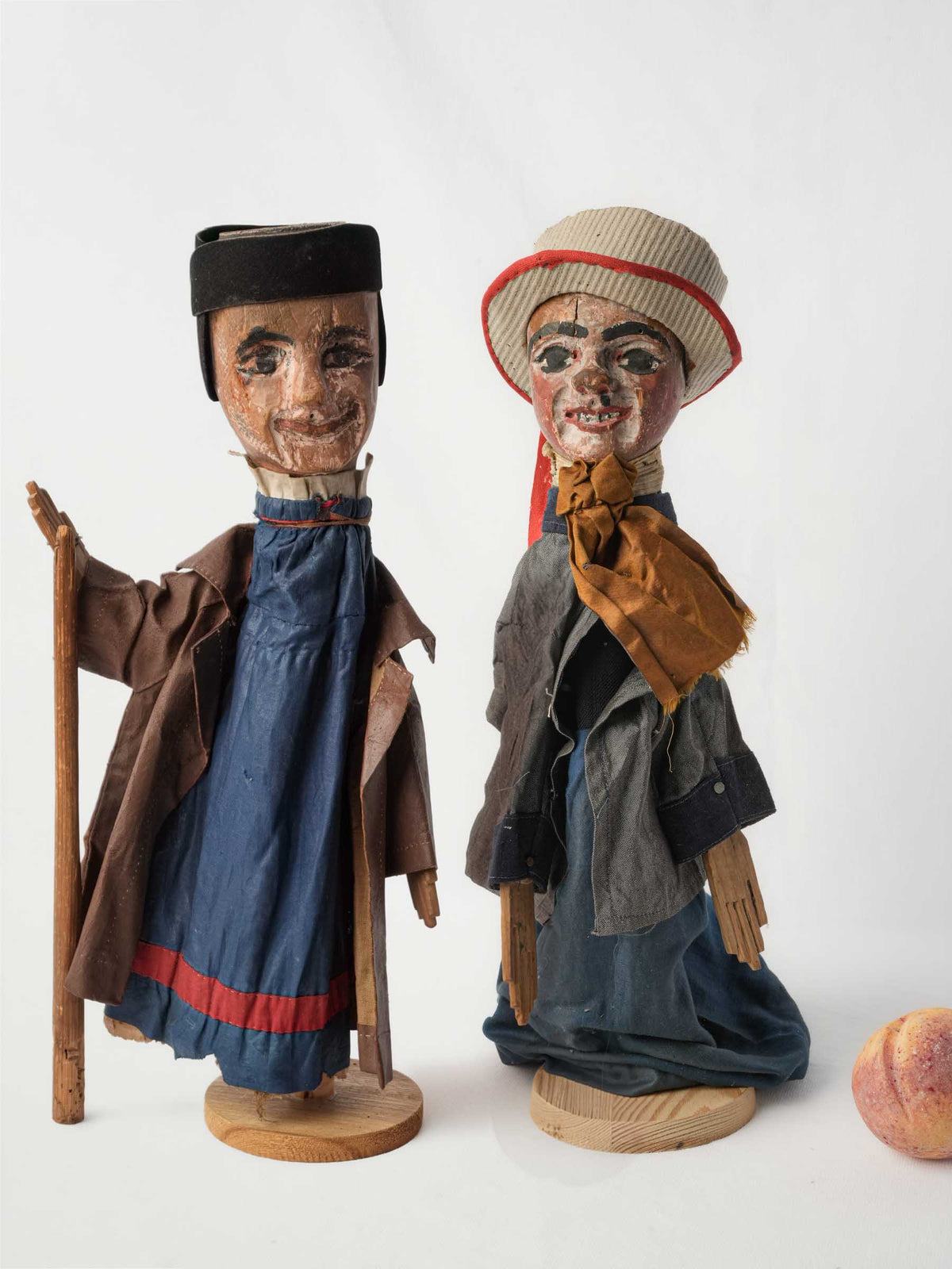 Set of Two 19th-Century French Guignol and Gnafron Hand-Carved Wooden Puppets - 18½"