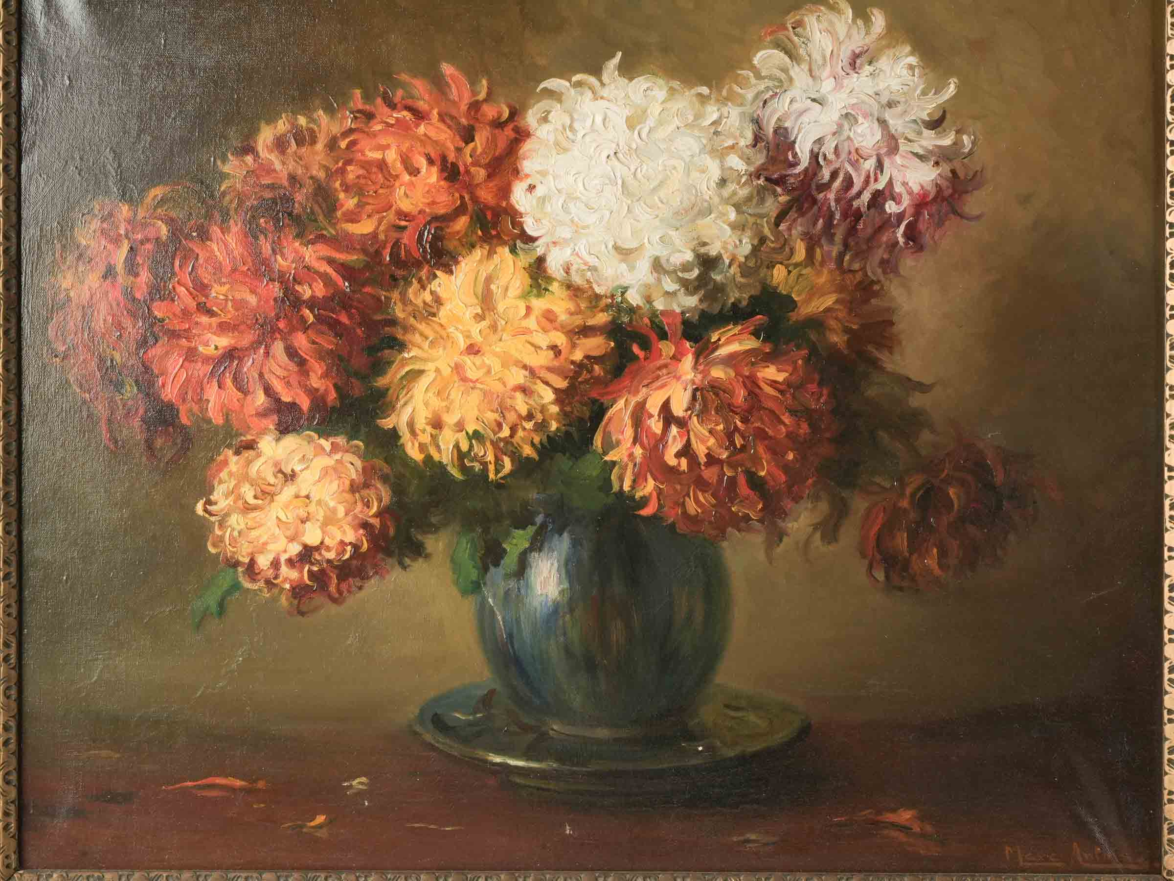 French Floral Still Life with Chrysanthemums, Signed Marc Antoine, c. 1920 - 28¾" x 33"