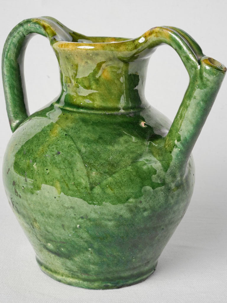 Early 20th-Century French Green Glazed Orjol Ewer 9½"