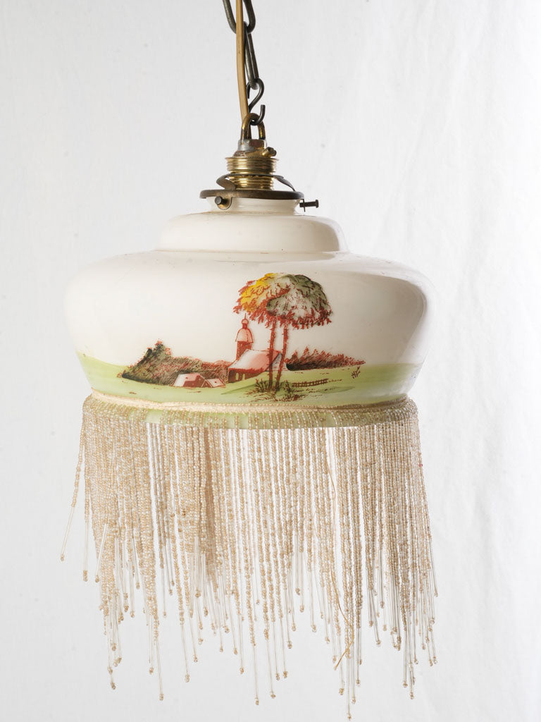 Charming Hand- Painted Milk Glass Pendant Lamp w/ Beaded Fringe c. 1920 - 9"