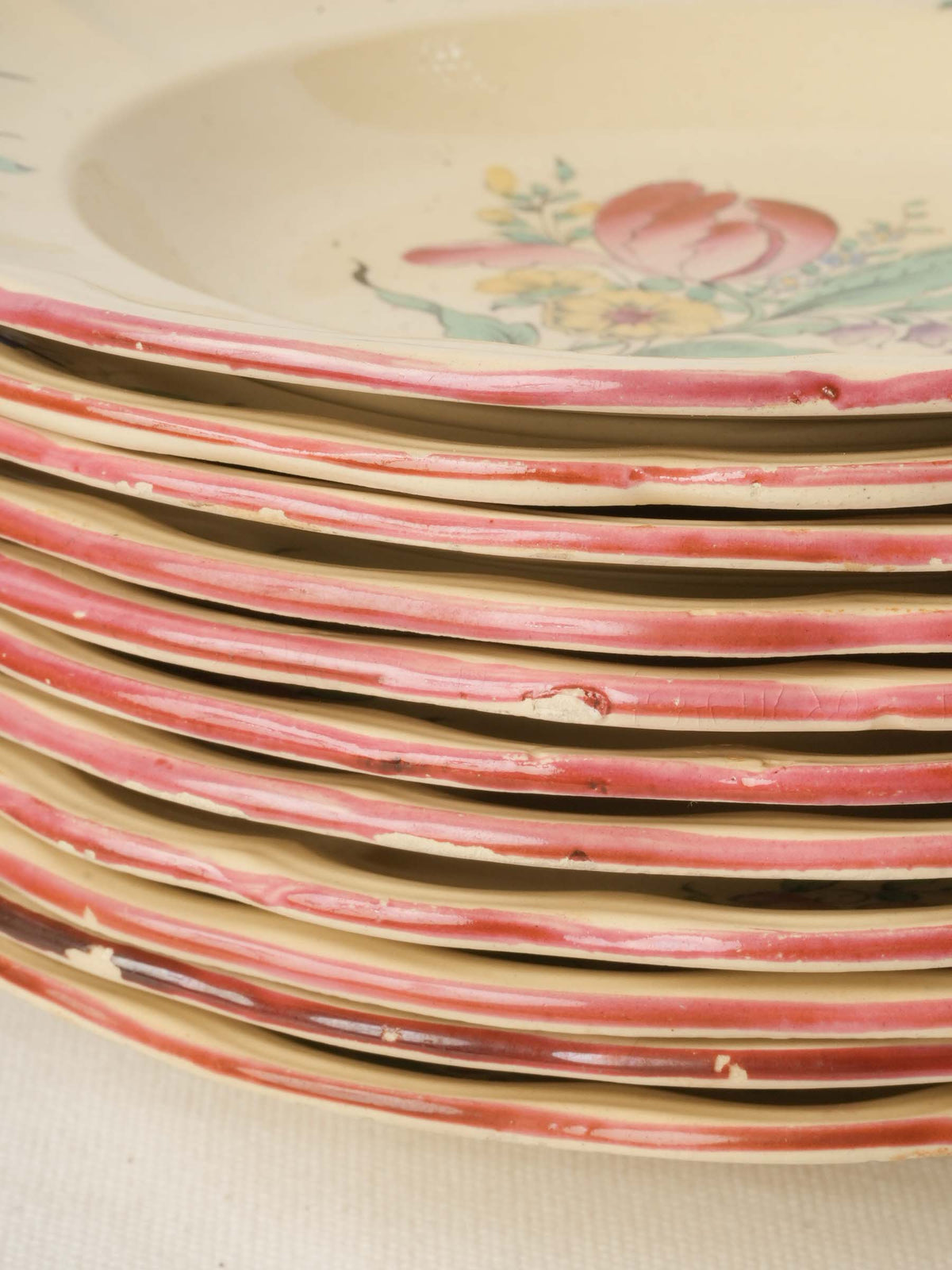 Beautiful Antique French Lunéville Floral Dinner Service in Pale Yellow, 27 Pieces